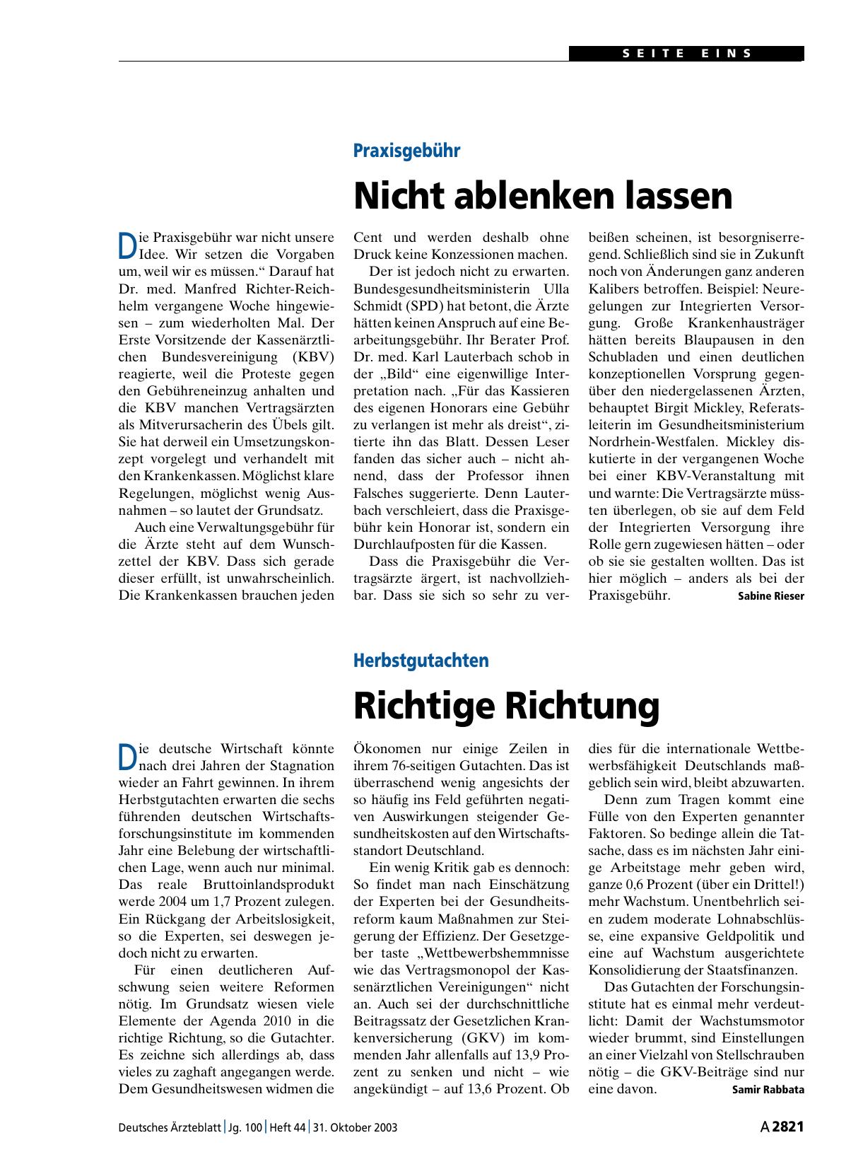 Vorschauseite 1: Praxisgebühr: Nicht ablenken lassen