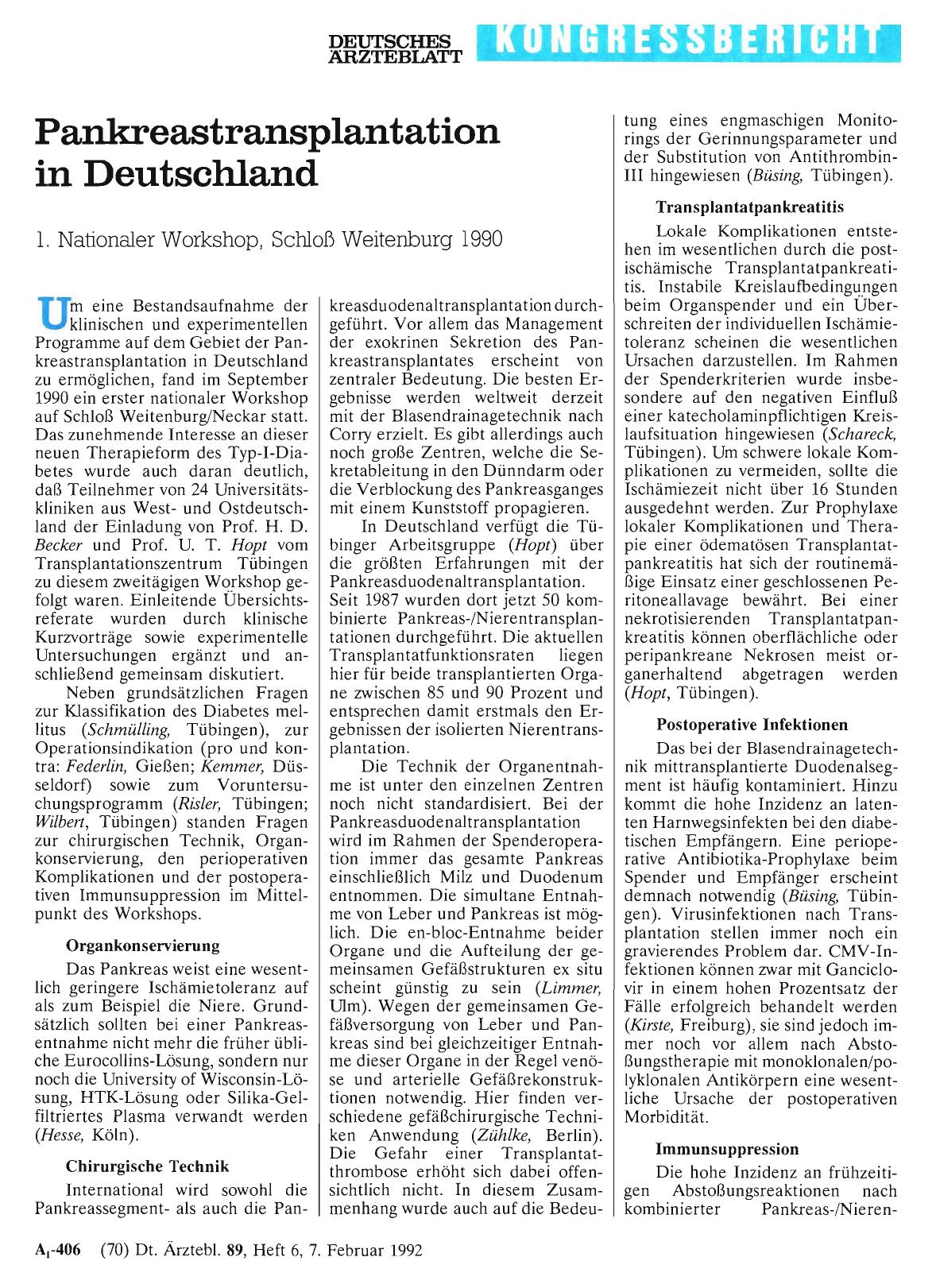 Vorschauseite 1: Pankreastransplantation in Deutschland: 1. Nationaler Workshop, Schloß Weitenburg 1990