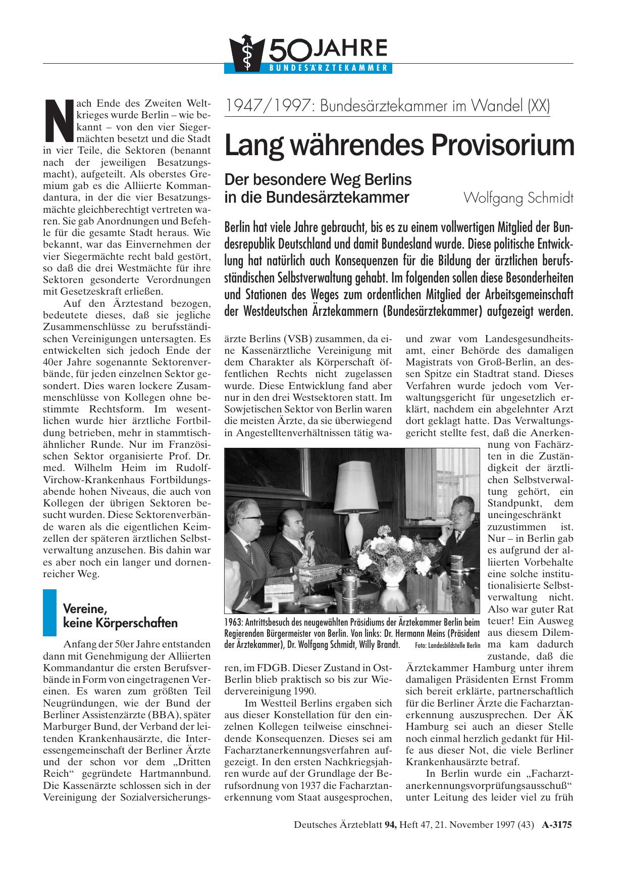 Vorschauseite 1: 1947/1997 – Bundesärztekammer im Wandel (XX): Lang währendes Provisorium Der besondere Weg Berlins in die Bundesärztekammer