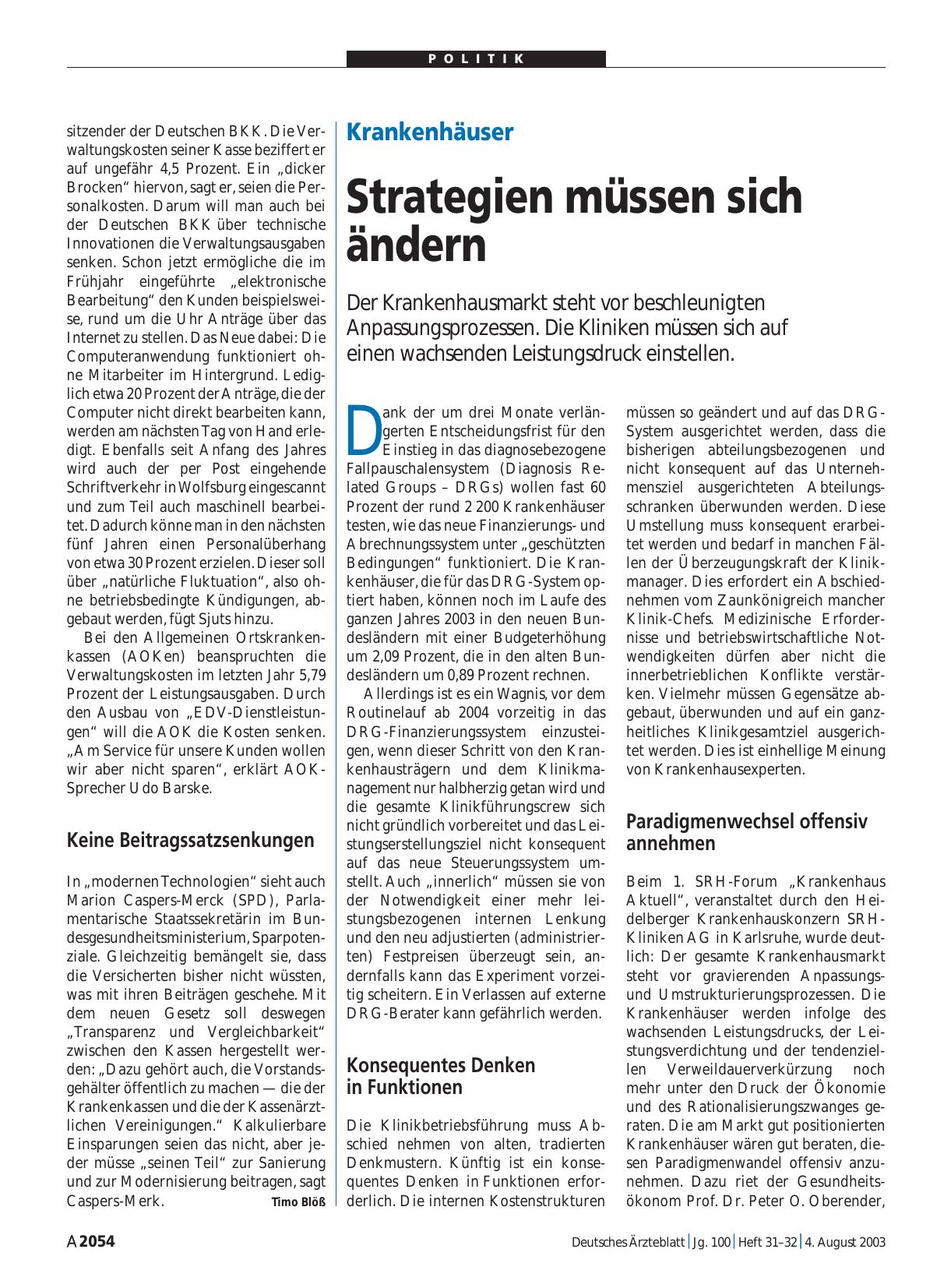 Vorschauseite 1: Krankenhäuser: Strategien müssen sich ändern