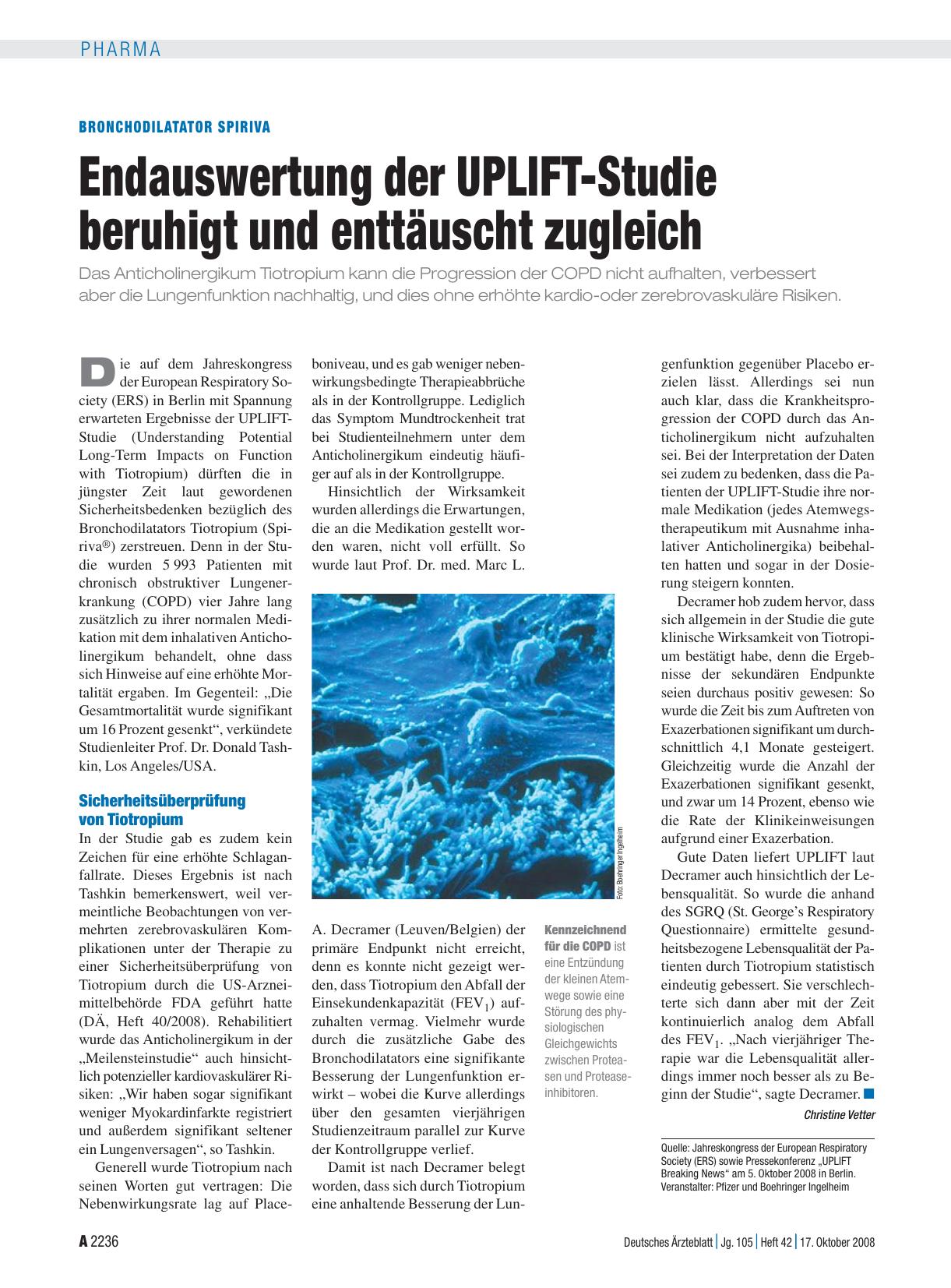 Vorschauseite 1: Bronchodilatator Spiriva: Endauswertung der UPLIFT-Studie beruhigt und enttäuscht zugleich