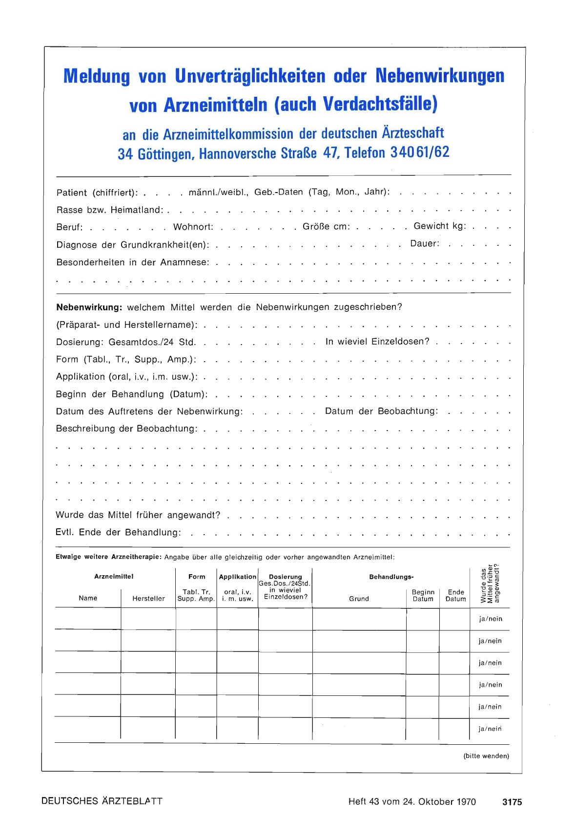 Vorschauseite 1: Meldung von Unverträglichkeiten oder Nebenwirkungen von Arzneimitteln (auch Verdachtsfälle)