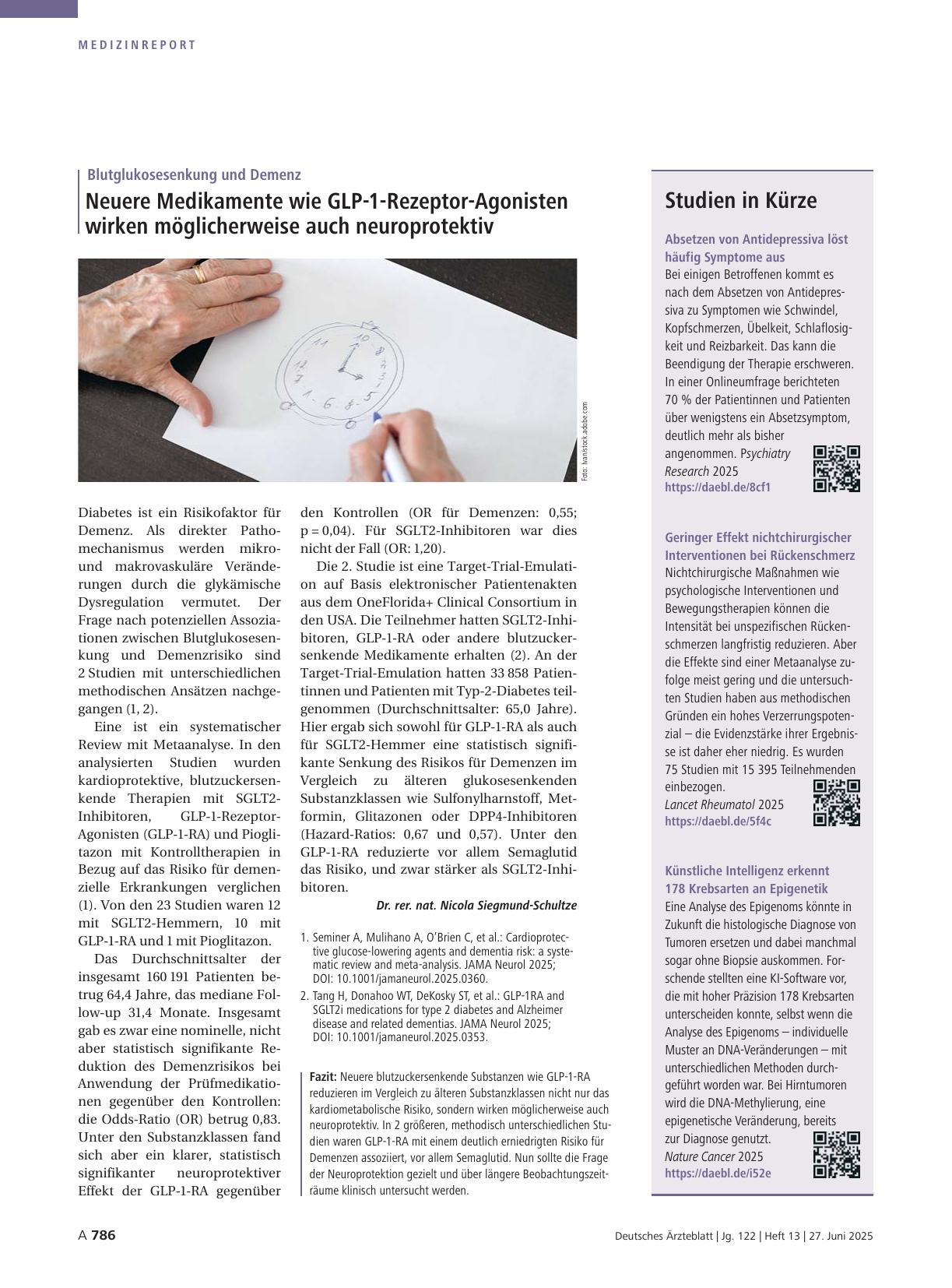 Vorschauseite 1: Blutglukosesenkung und Demenz: Neuere Medikamente wie GLP-1-Rezeptor-Agonisten wirken möglicherweise auch neuroprotektiv