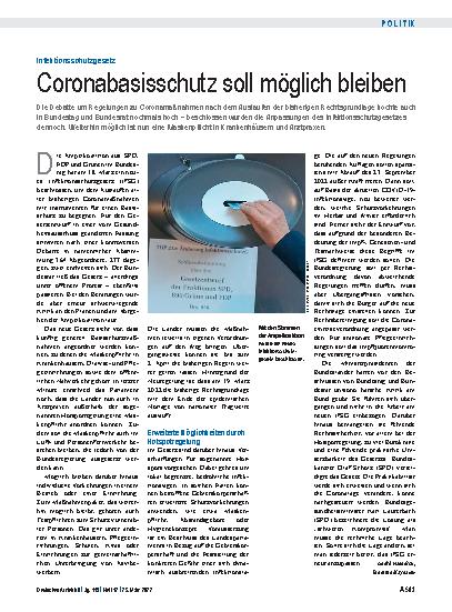 Vorschauseite 1: Infektionsschutzgesetz: Coronabasisschutz soll möglich bleiben