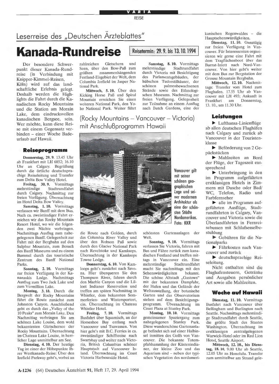 Vorschauseite 1: Leserreise des „Deutschen Ärzteblattes“: Kanada-Rundreise