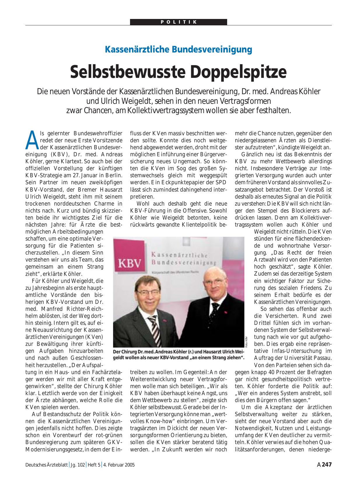 Vorschauseite 1: Kassenärztliche Bundesvereinigung: Selbstbewusste Doppelspitze