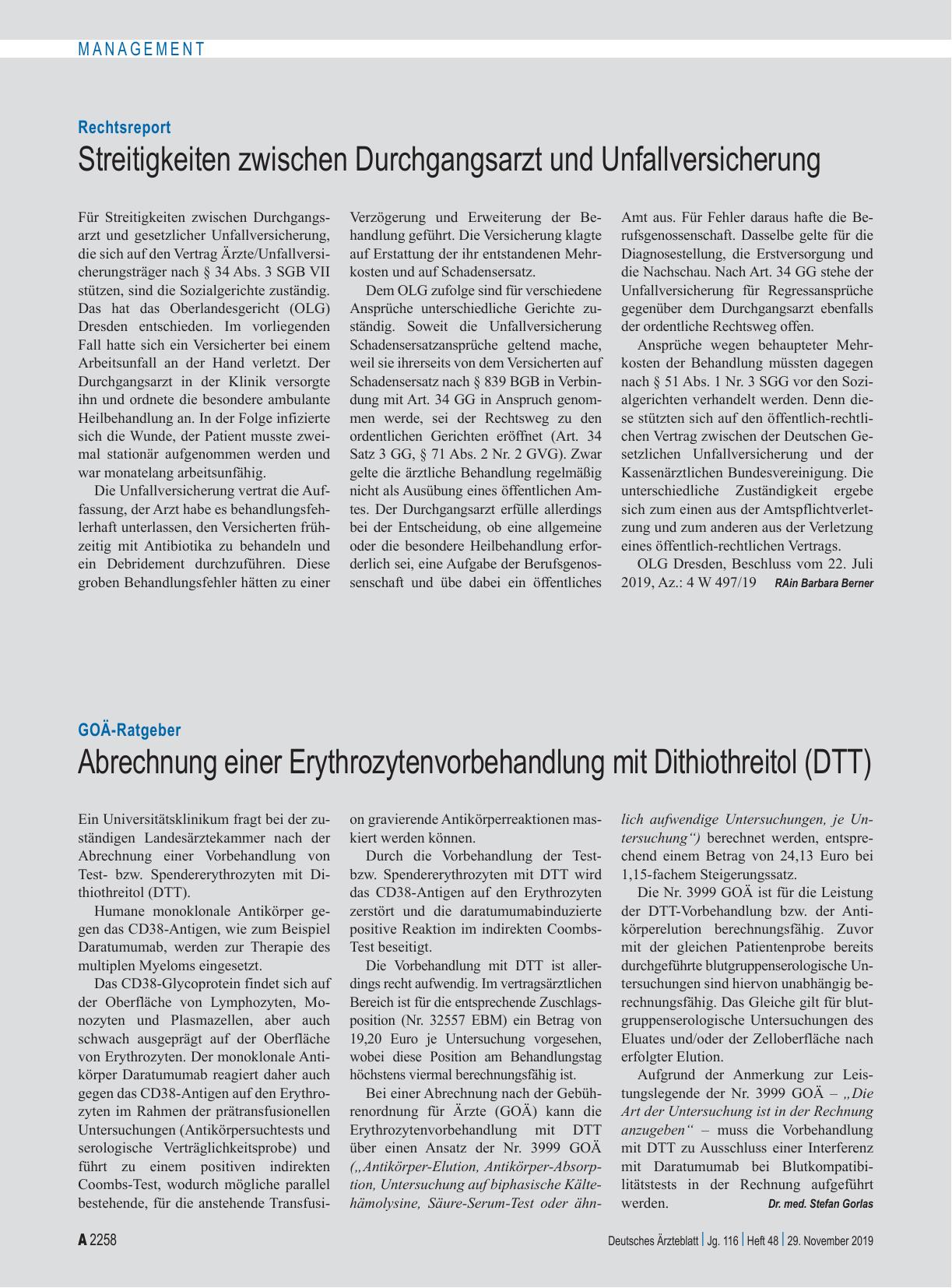 Vorschauseite 1: Rechtsreport: Streitigkeiten zwischen Durchgangsarzt und Unfallversicherung
