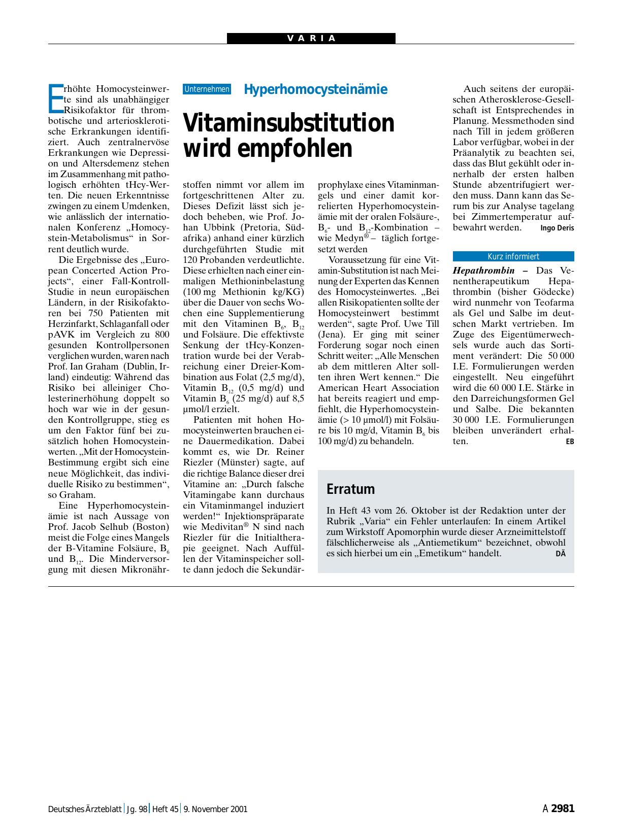 Vorschauseite 1: Hyperhomocysteinämie: Vitaminsubstitution wird empfohlen