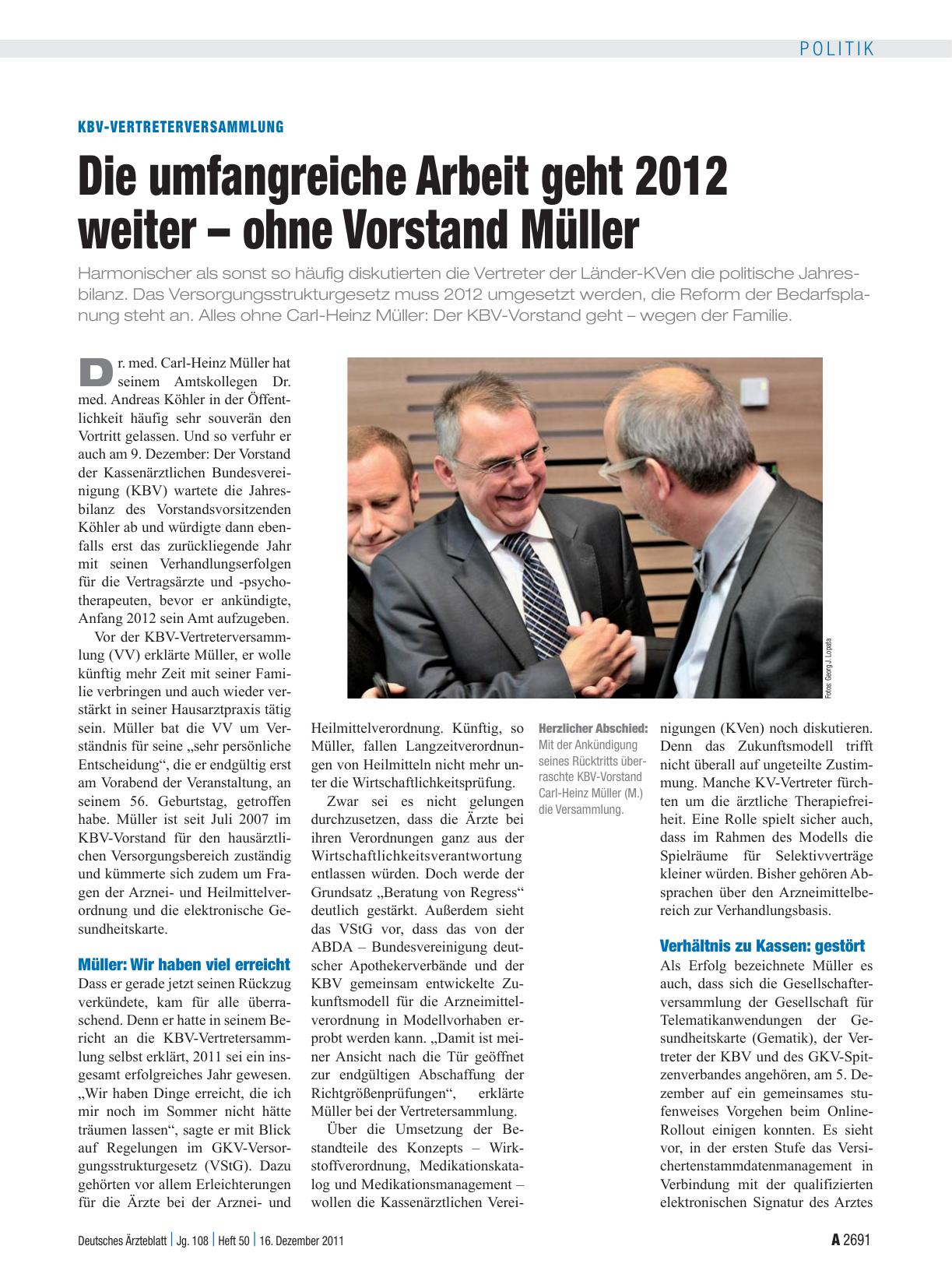 Vorschauseite 1: KBV-Vertreterversammlung: Die umfangreiche Arbeit geht 2012 weiter – ohne Vorstand Müller