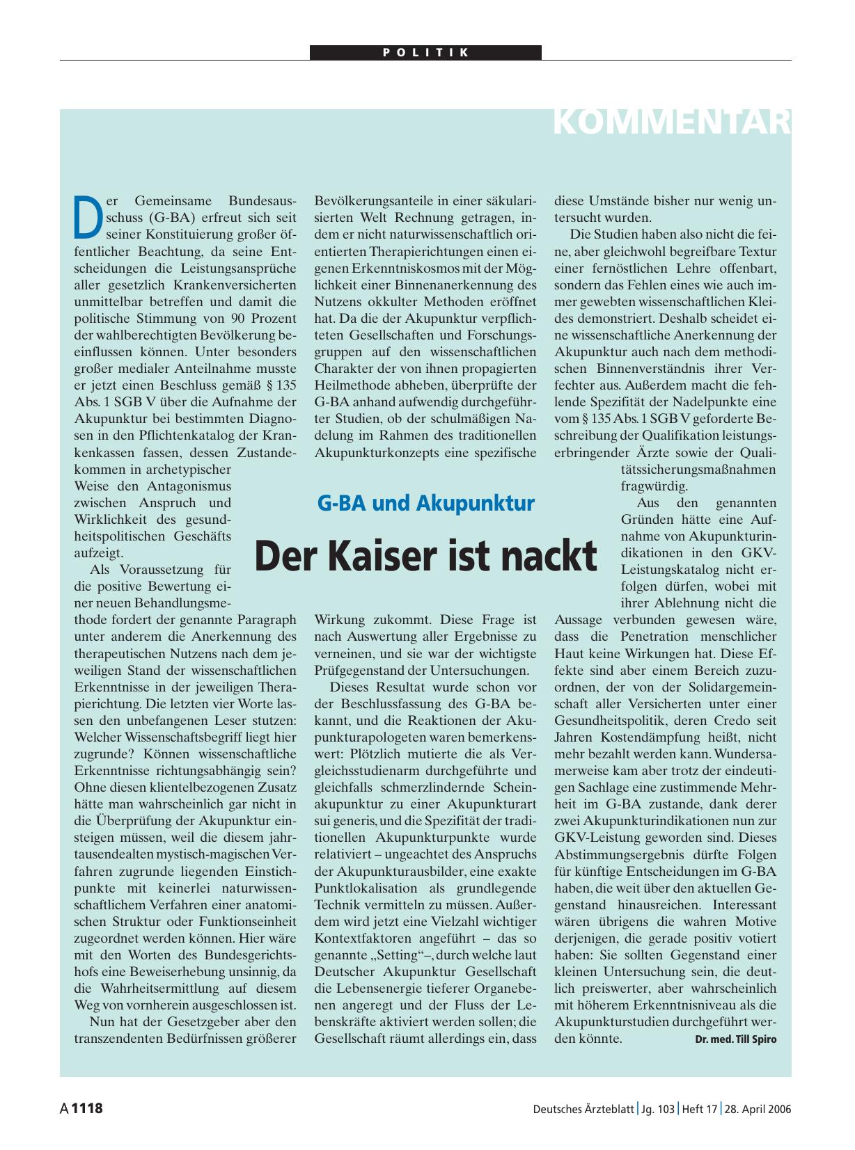 Vorschauseite 1: G-BA und Akupunktur: Der Kaiser ist nackt