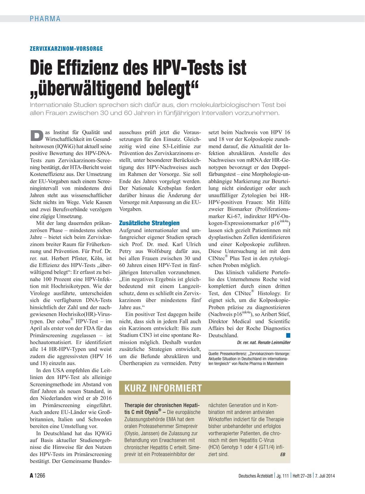 Vorschauseite 1: Zervixkarzinom-Vorsorge: Die Effizienz des HPV-Tests ist „überwältigend belegt“