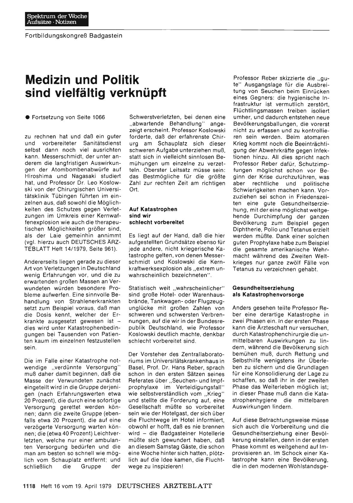 Vorschauseite 1: Medizin und Politik sind vielfältig verknüpft (Fortsetzung von Seite 1066)