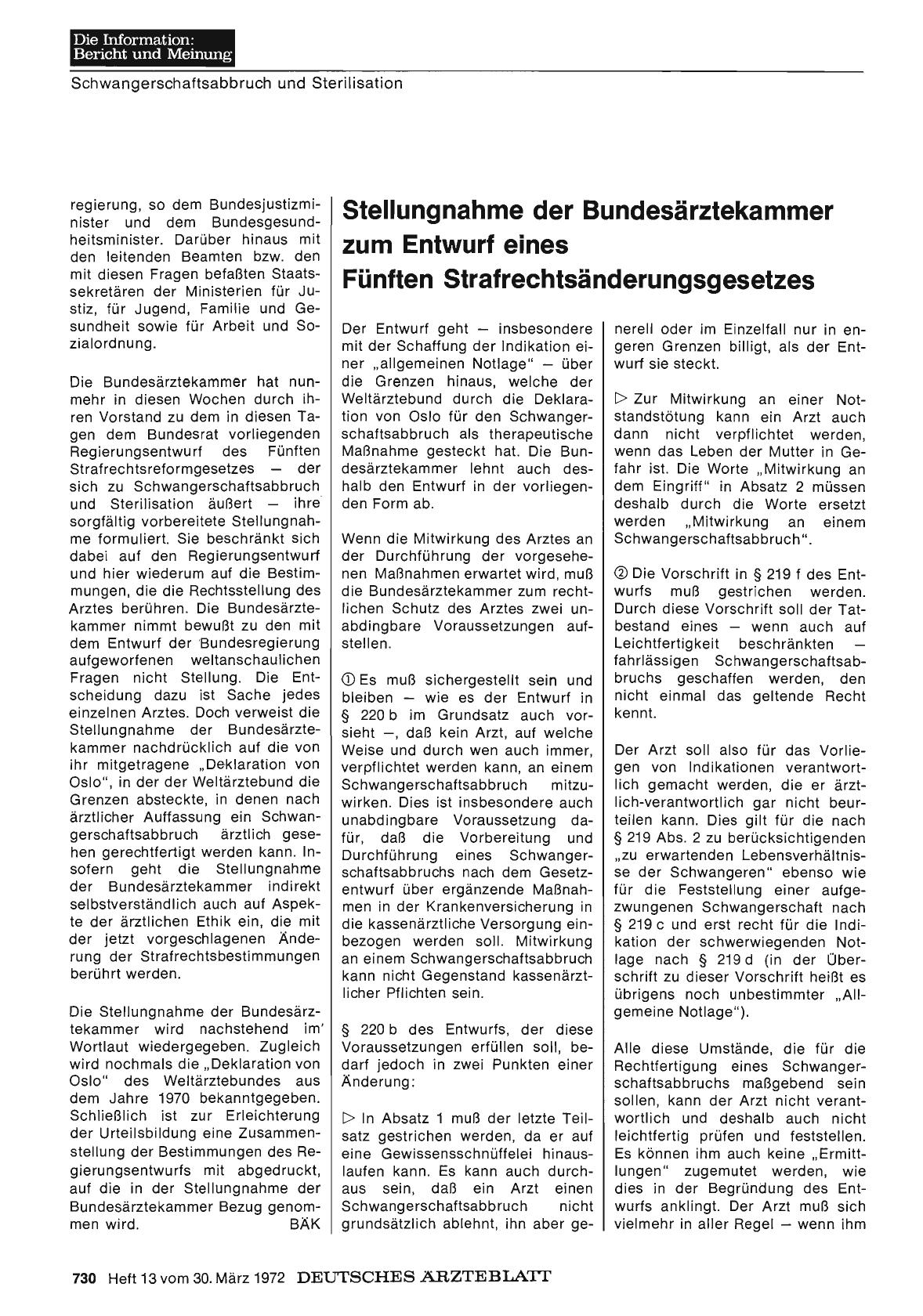 Vorschauseite 1: Stellungnahme der Bundesärztekammer zum Entwurf eines Fünften Strafrechtsänderungsgesetzes