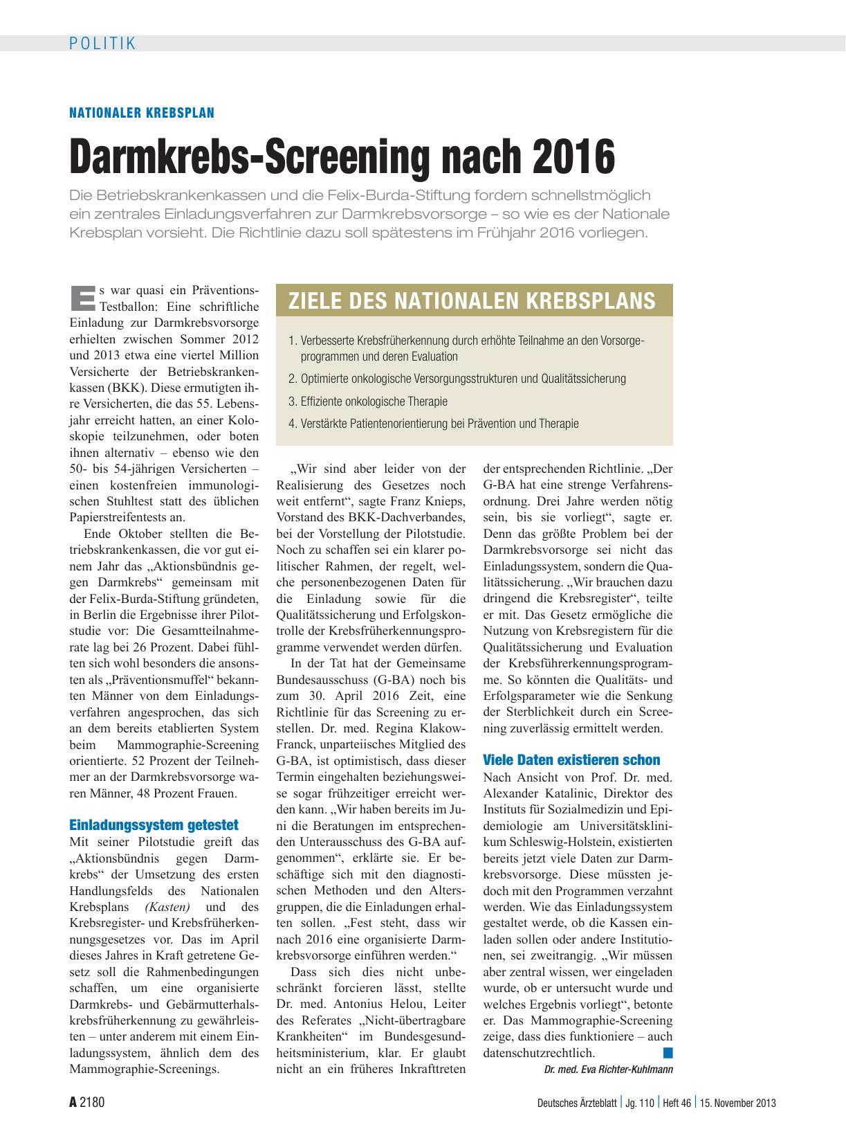 Vorschauseite 1: Nationaler Krebsplan: Darmkrebs-Screening nach 2016