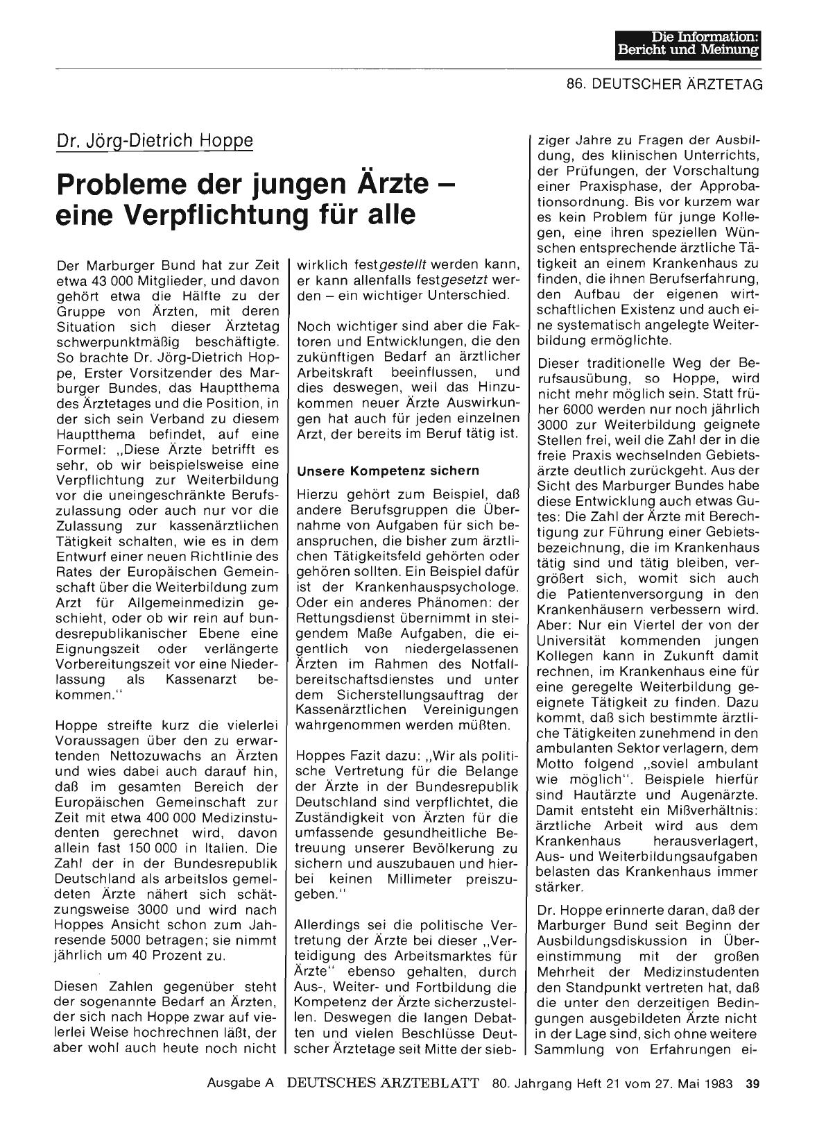 Vorschauseite 1: Dr. Jörg-Dietrich Hoppe: Probleme der jungen Ärzte — eine Verpflichtung für alle