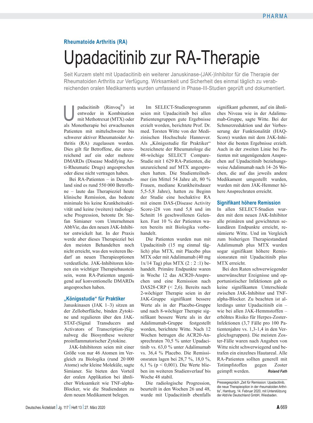 Vorschauseite 1: Rheumatoide Arthritis (RA): Upadacitinib zur RA-Therapie