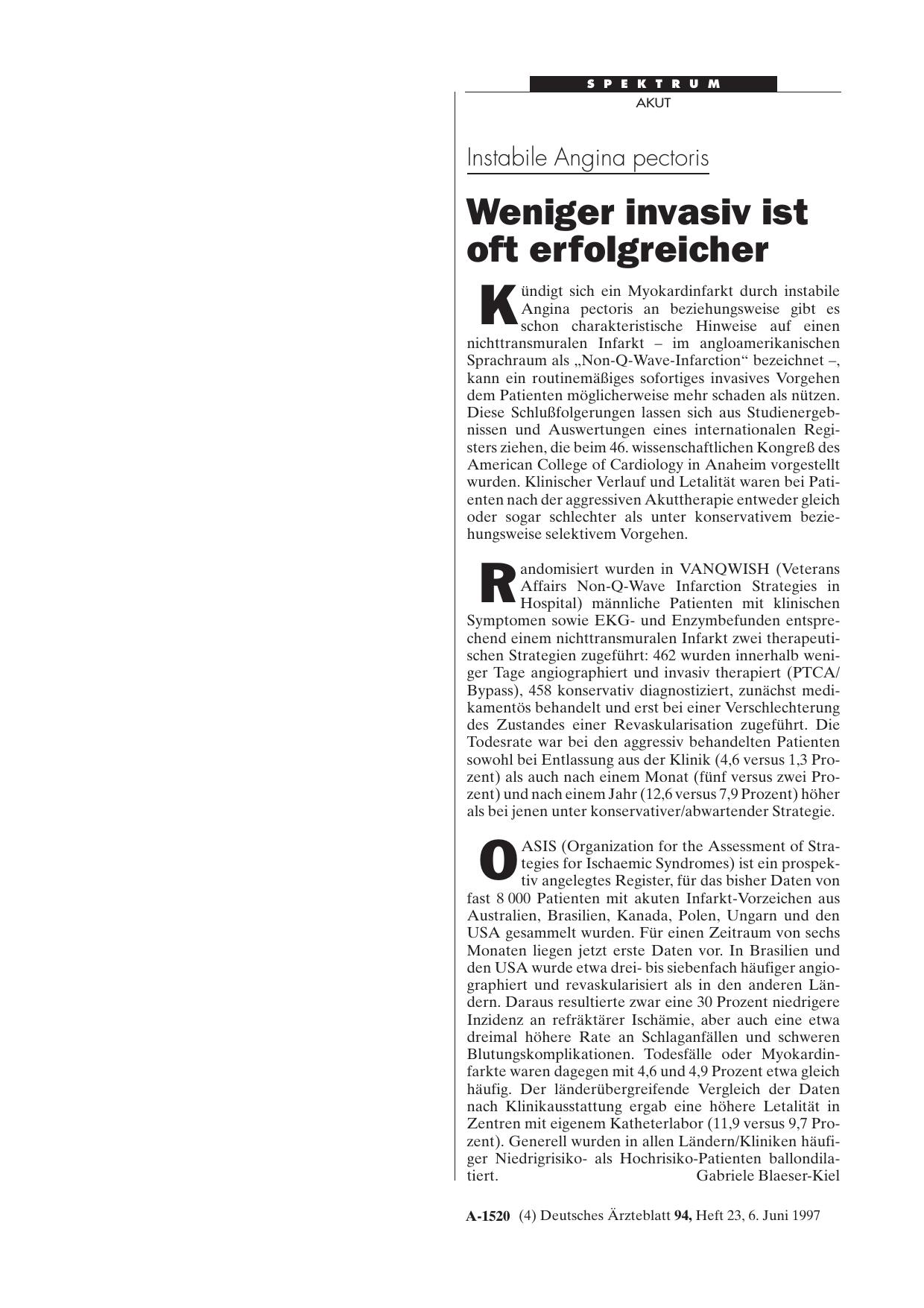 Vorschauseite 1: Instabile Angina pectoris: Weniger invasiv ist oft erfolgreicher