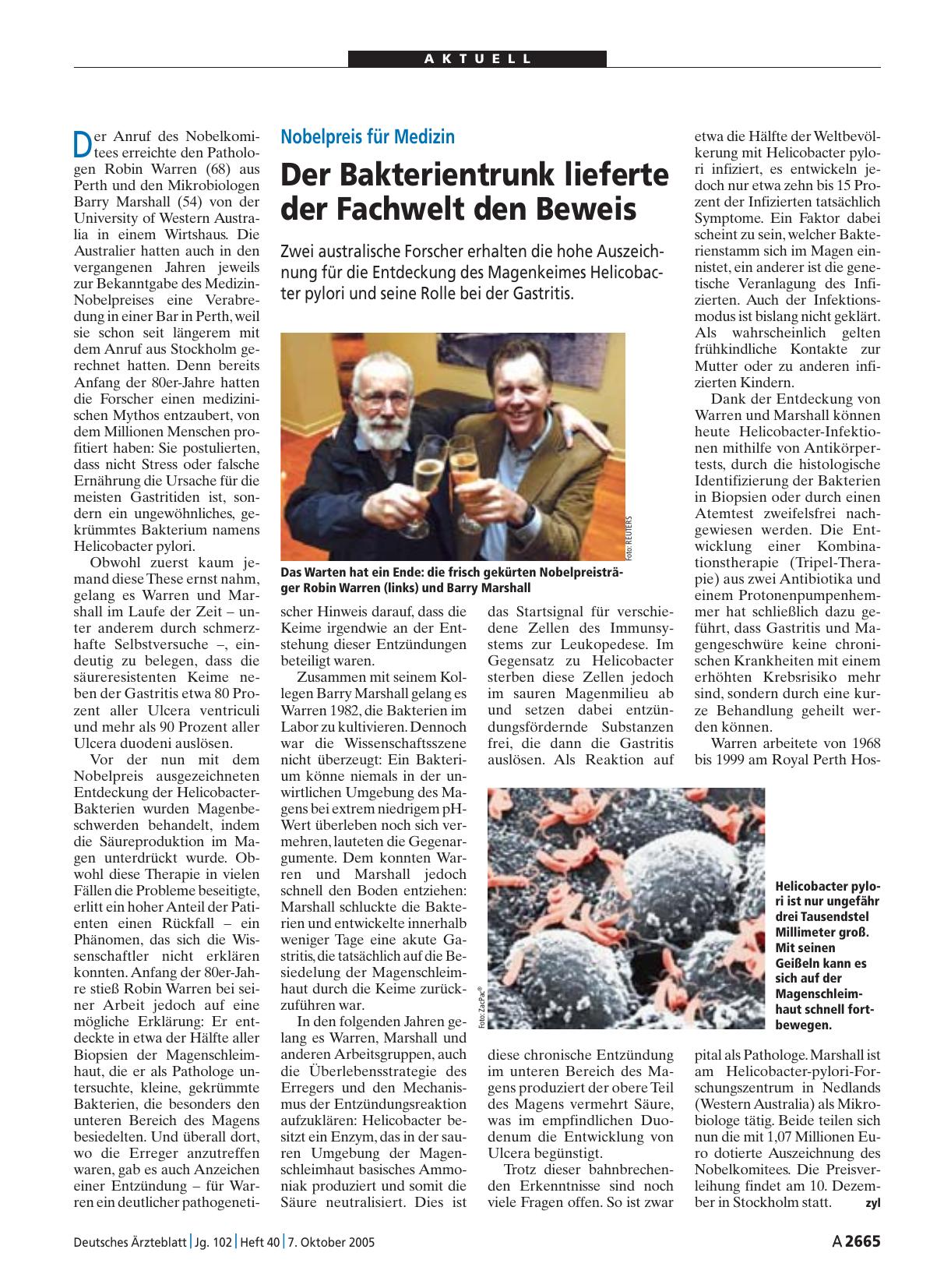 Vorschauseite 1: Nobelpreis für Medizin: Der Bakterientrunk lieferte der Fachwelt den Beweis