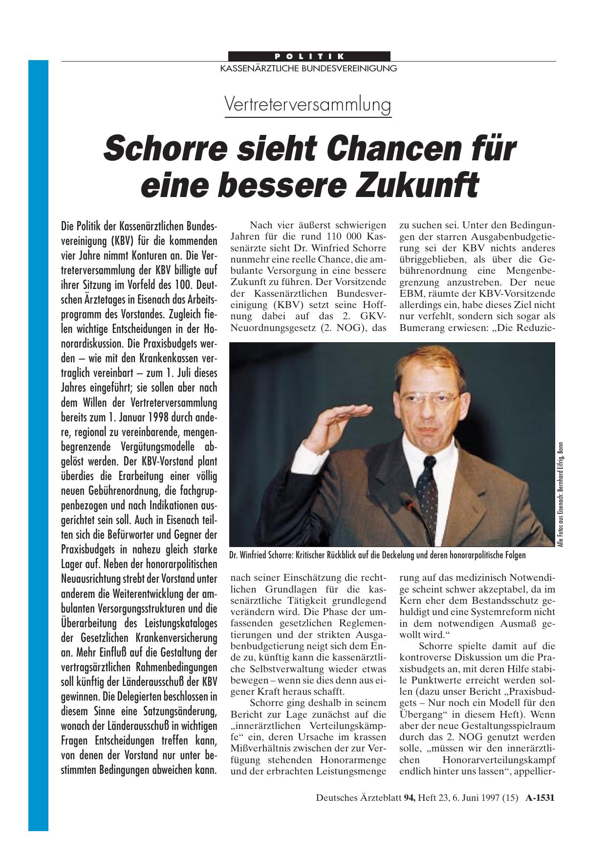 Vorschauseite 1: Vertreterversammlung: Schorre sieht Chancen für eine bessere Zukunft