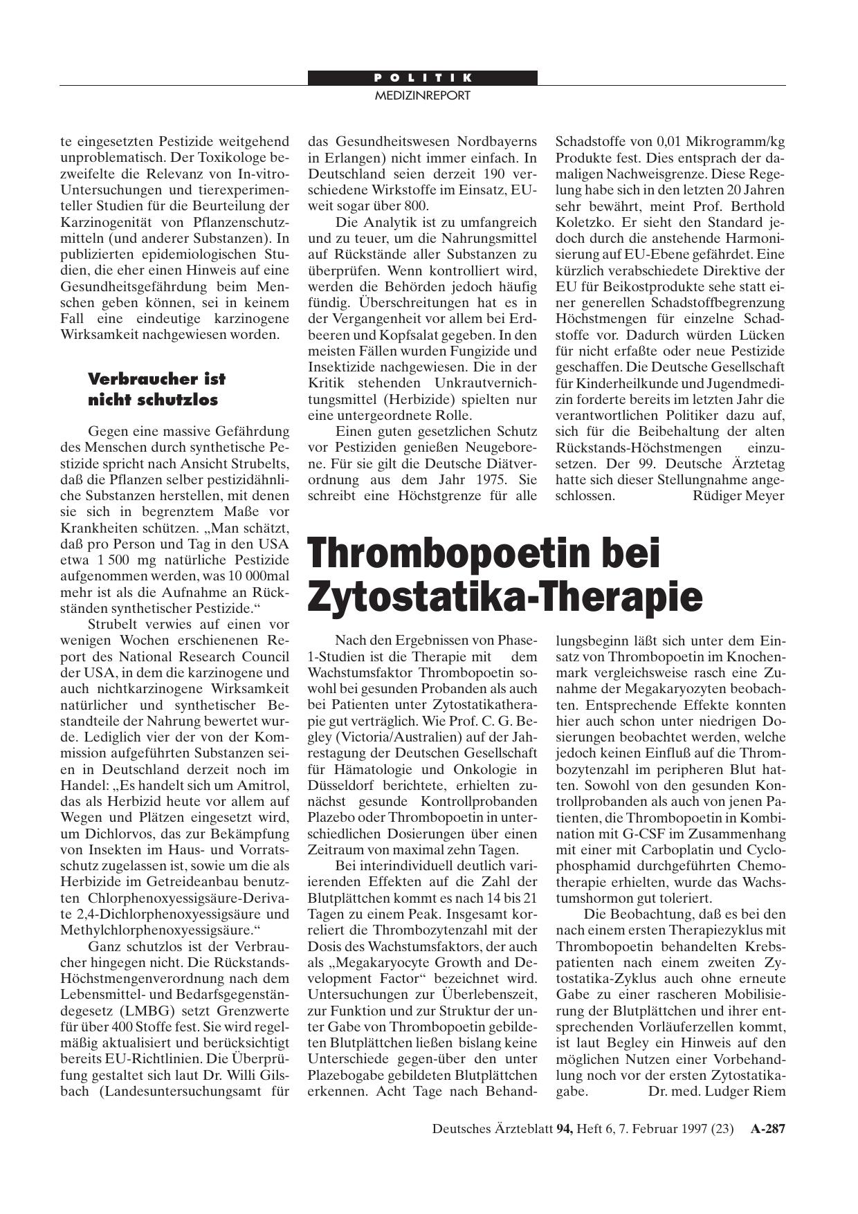 Vorschauseite 1: Thrombopoetin bei Zytostatika-Therapie