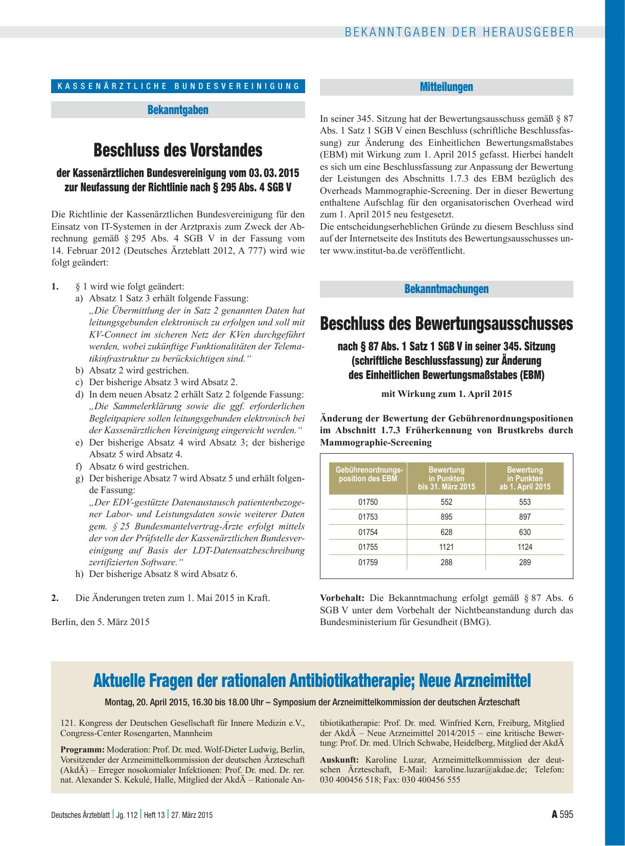 Vorschauseite 1: Beschluss des Bewertungsausschusses nach § 87 Abs. 1 Satz 1 SGB V in seiner 345. Sitzung (schriftliche Beschlussfassung) zur Änderung des Einheitlichen Bewertungsmaßstabes (EBM)