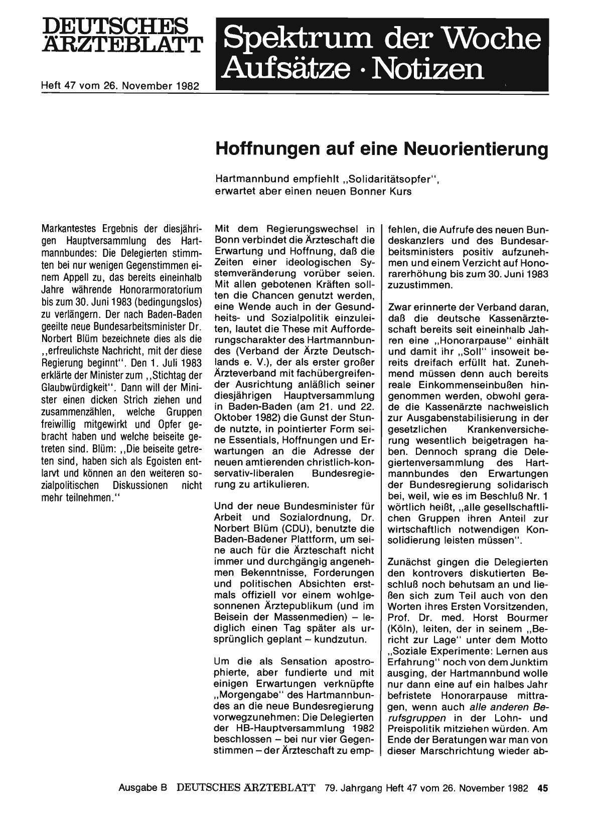 Vorschauseite 1: Hoffnungen auf eine Neuorientierung: Hartmannbund empfiehlt „Solidaritätsopfer“, erwartet aber einen neuen Bonner Kurs