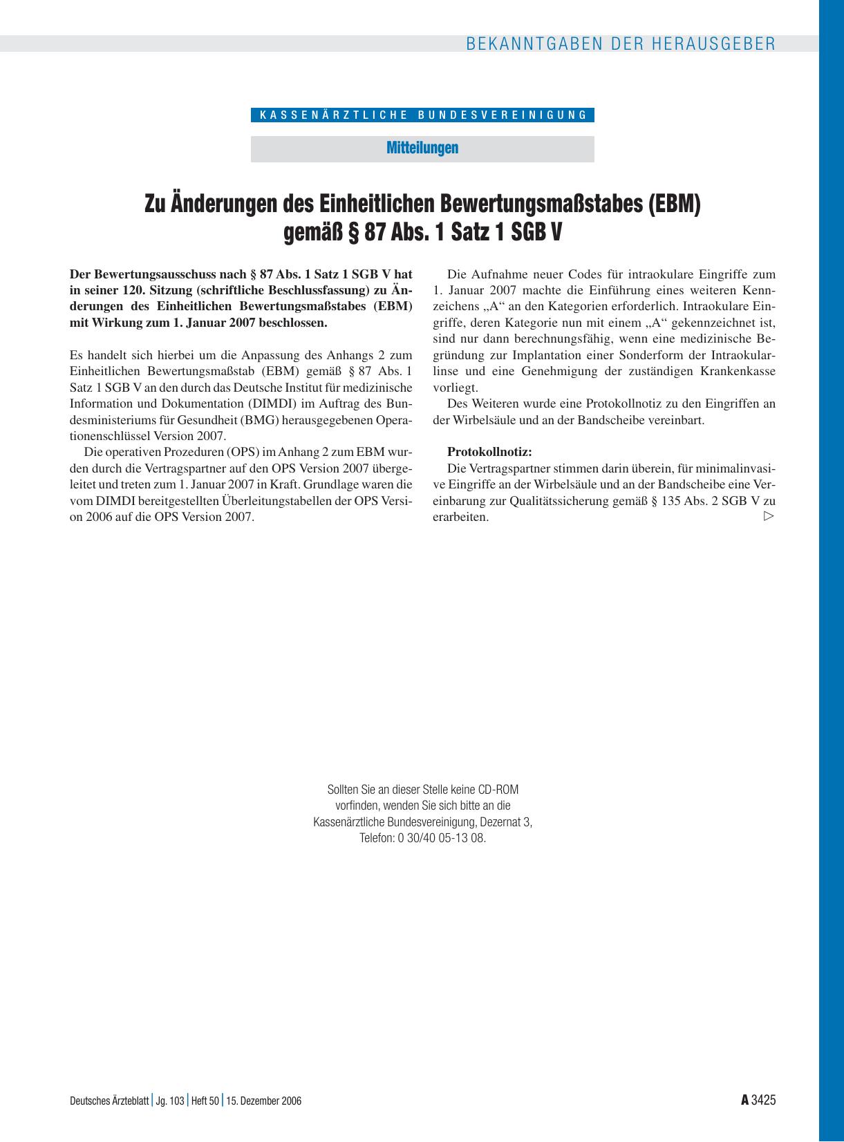Vorschauseite 1: Mitteilungen: Zu Änderungen des Einheitlichen Bewertungsmaßstabes (EBM) gemäß § 87 Abs. 1 Satz 1 SGB V