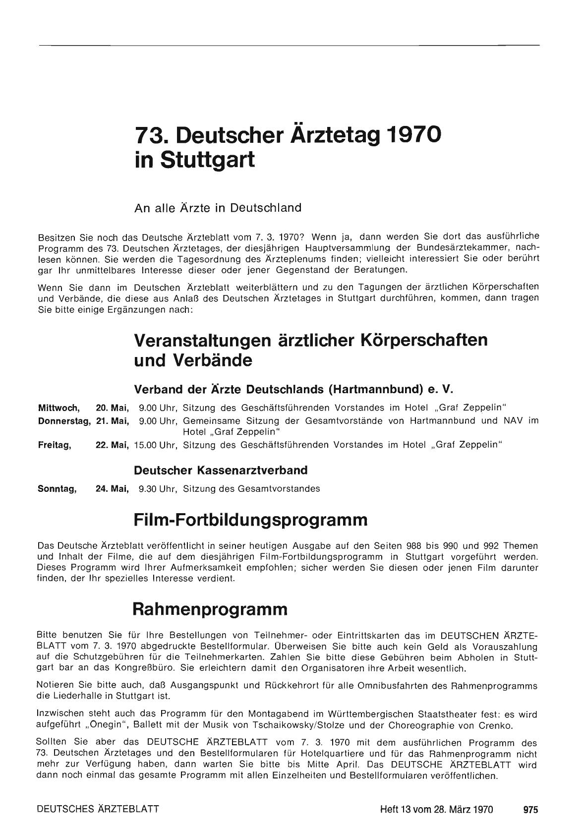 Vorschauseite 1: 73. Deutscher Ärztetag 1970 in Stuttgart: An alle Ärzte in Deutschland