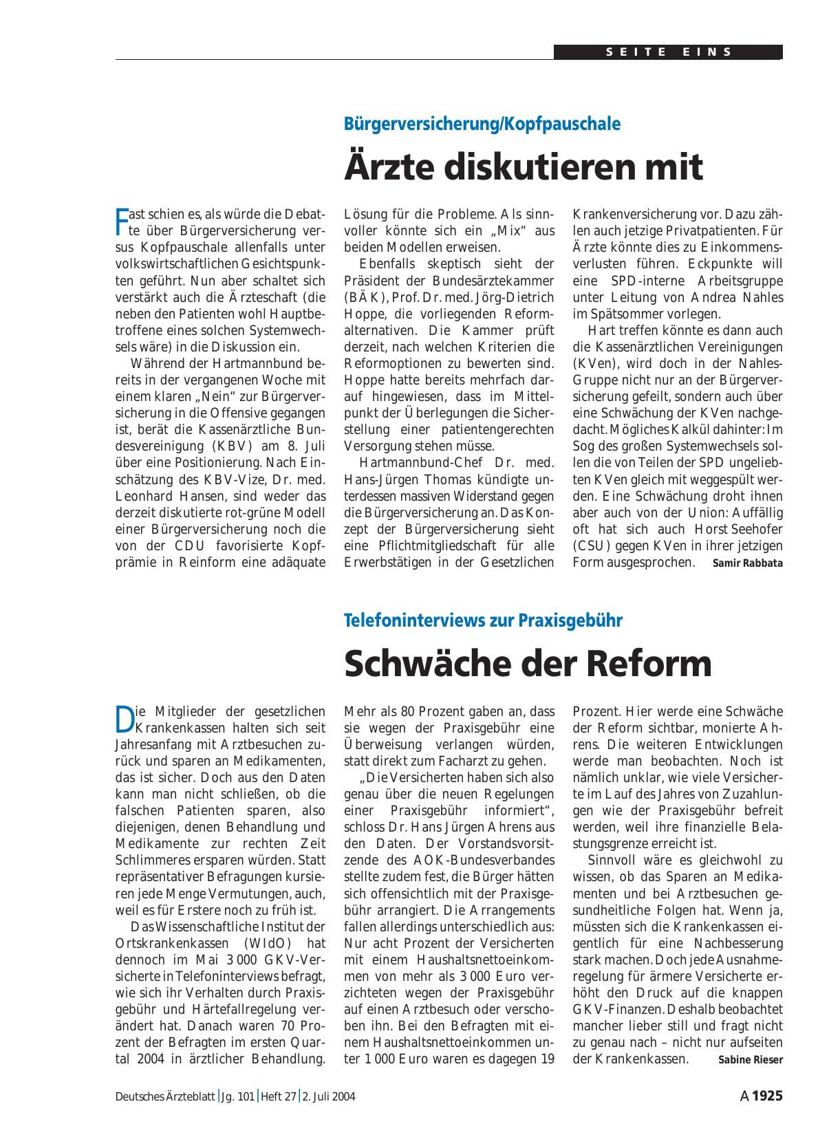 Vorschauseite 1: Telefoninterviews zur Praxisgebühr: Schwäche der Reform