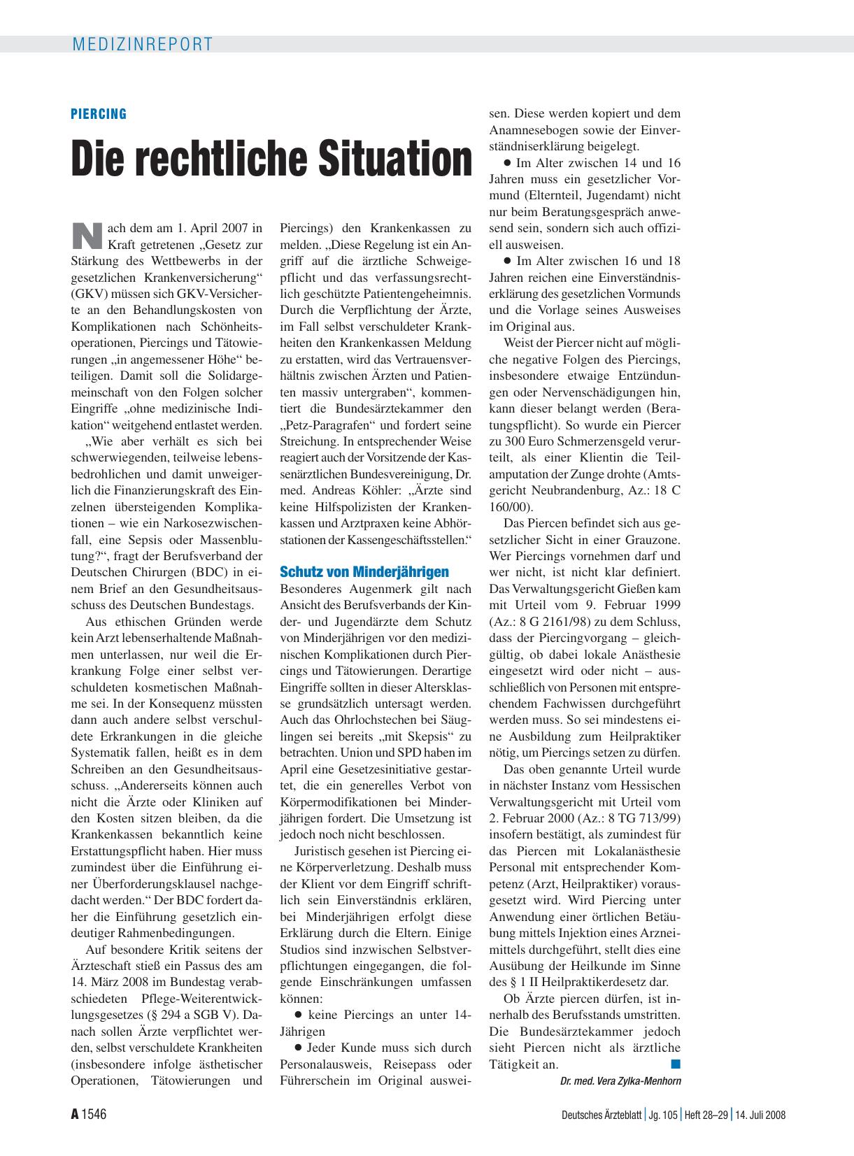 Vorschauseite 1: Piercing: Die rechtliche Situation