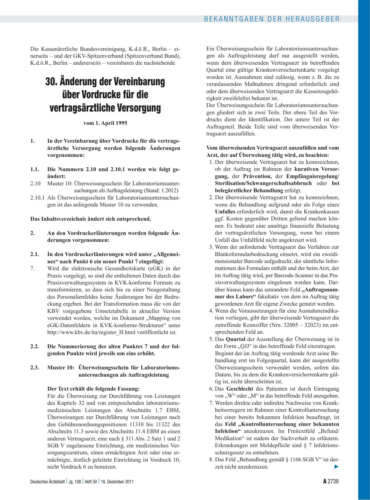 Vorschauseite 1: 30. Änderung der Vereinbarung über Vordrucke für die vertragsärztliche Versorgung