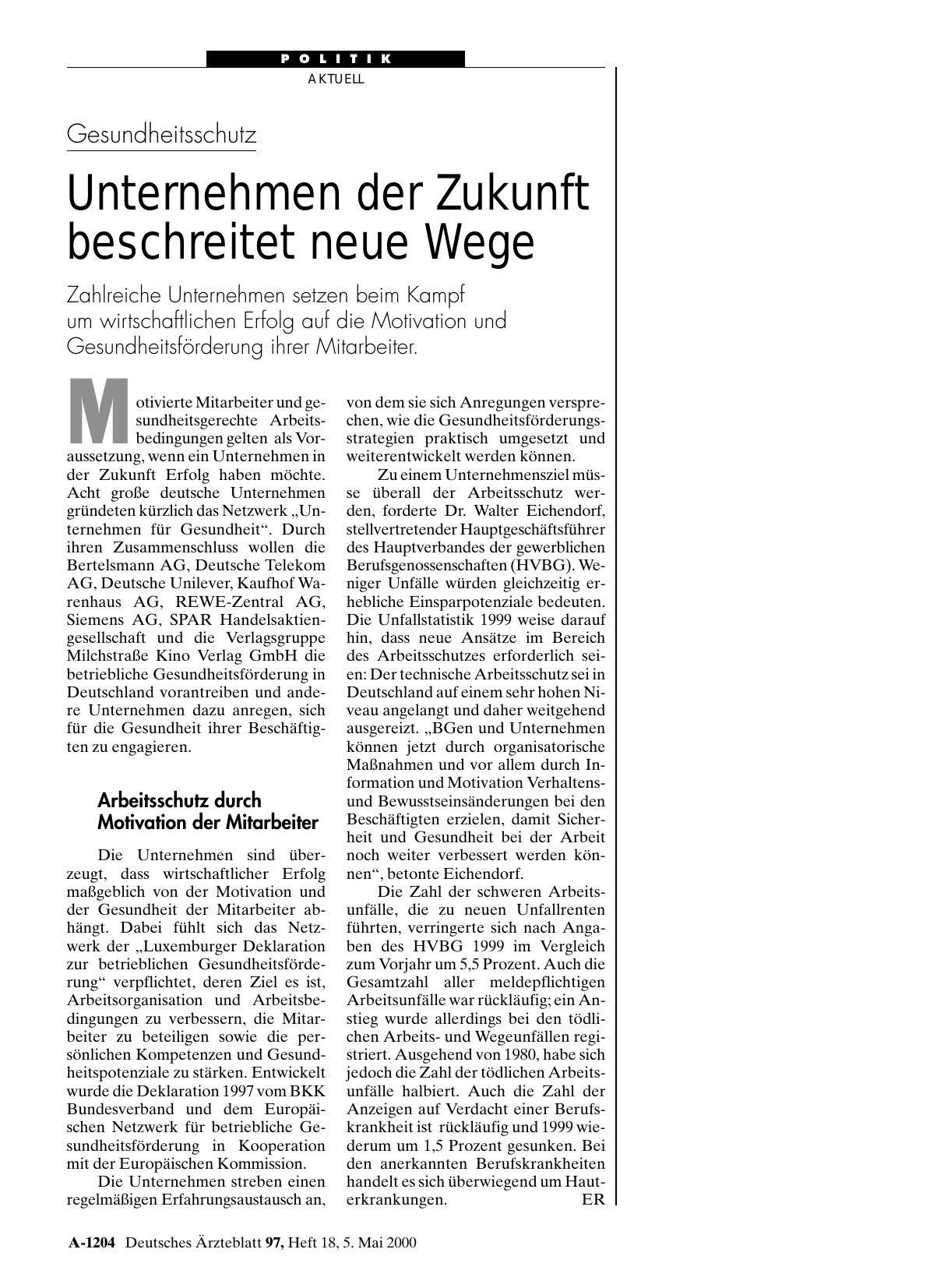 Vorschauseite 1: Gesundheitsschutz: Unternehmen der Zukunft beschreitet neue Wege