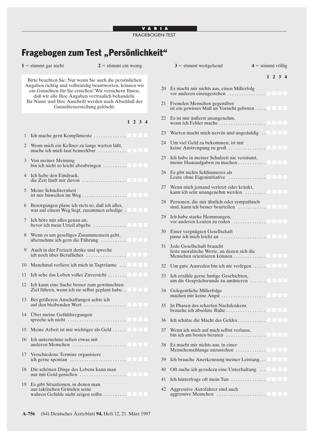 Vorschauseite 1: Fragebogen zum Test „Persönlichkeit“