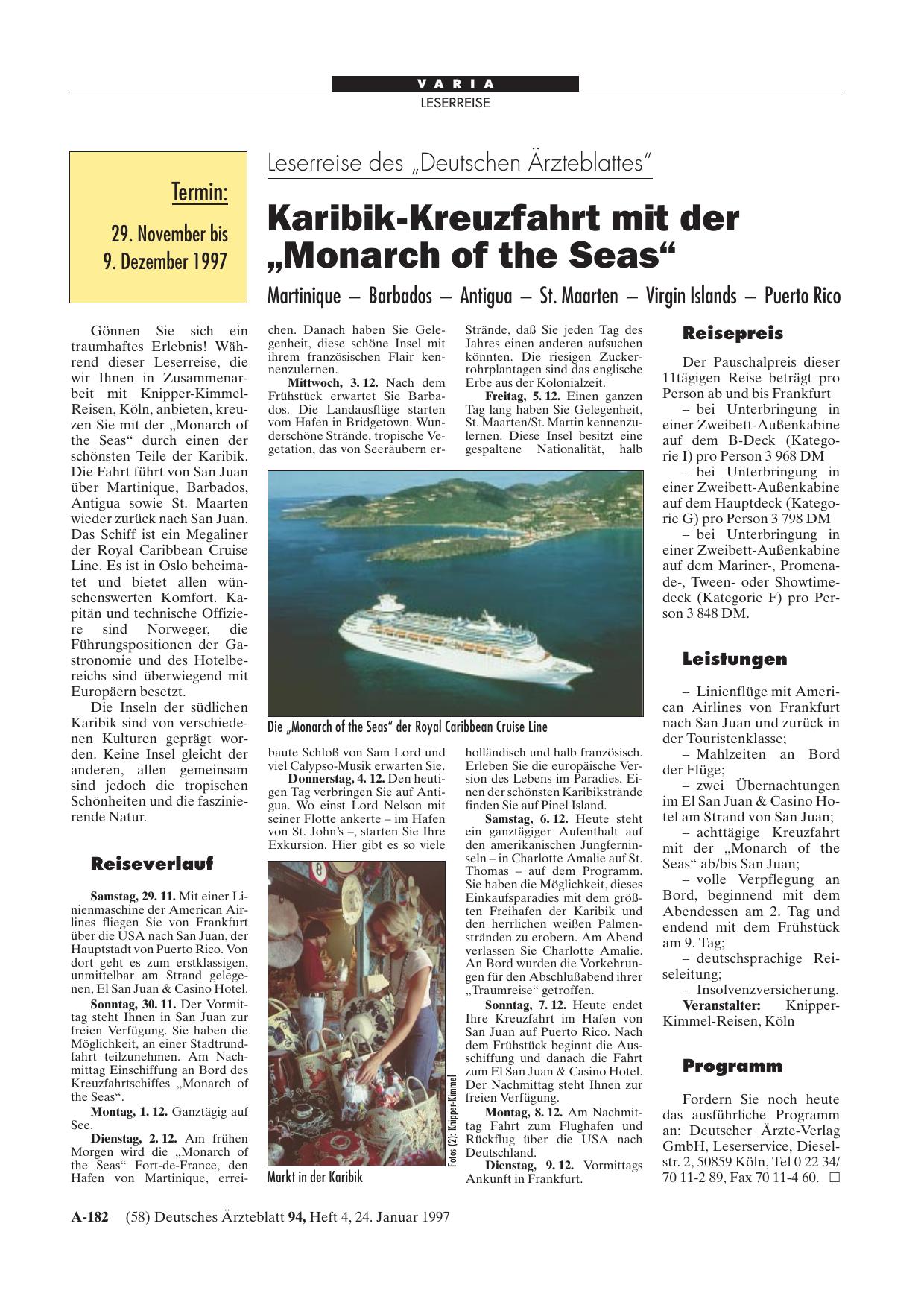 Vorschauseite 1: Leserreise des „Deutschen Ärzteblattes“: Karibik-Kreuzfahrt mit der „Monarch of the Seas“ Martinique - Barbados - Antigua - St. Maarten - Virgin Islands - Puerto Rico