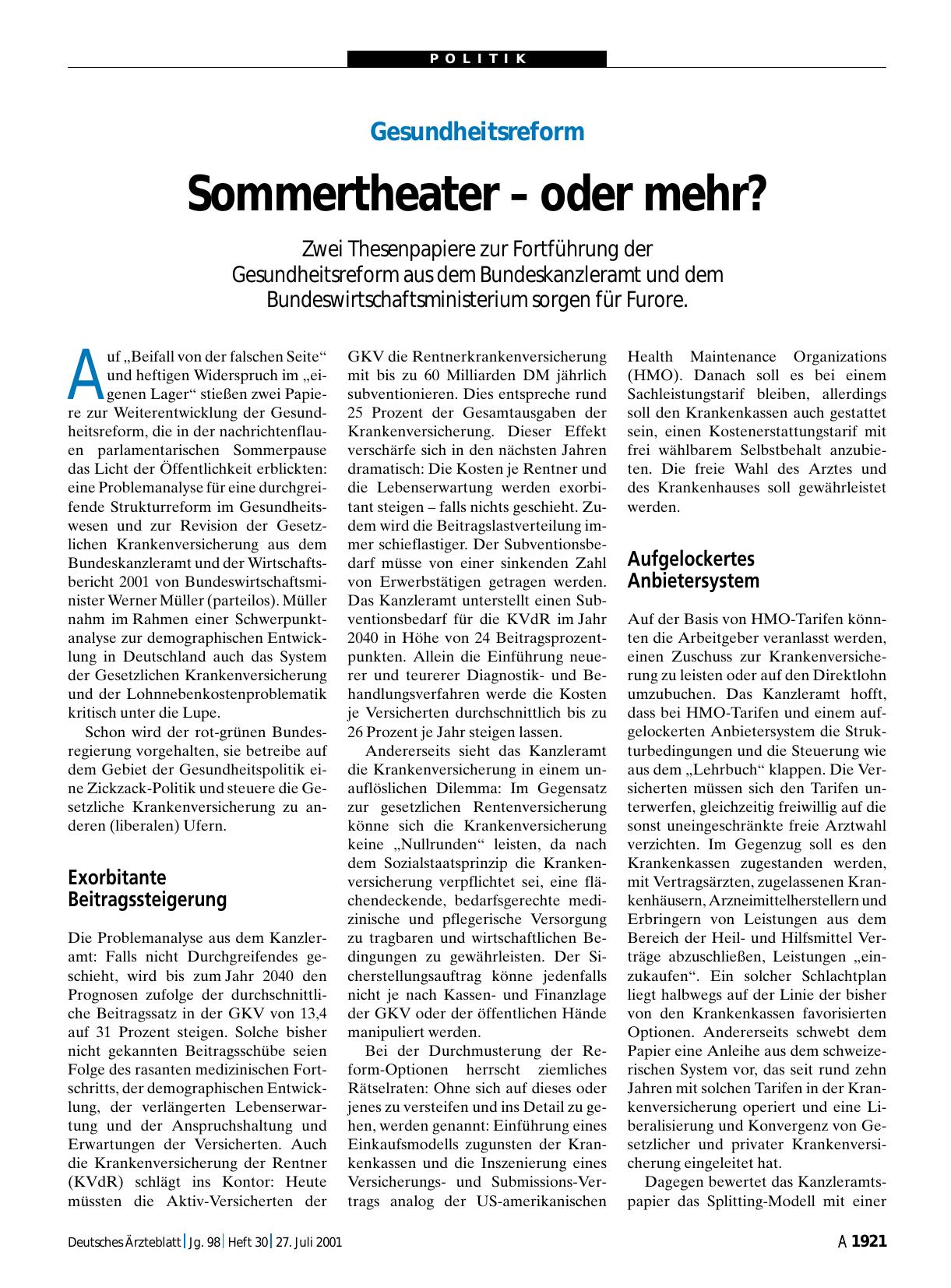 Vorschauseite 1: Gesundheitsreform: Sommertheater – oder mehr?