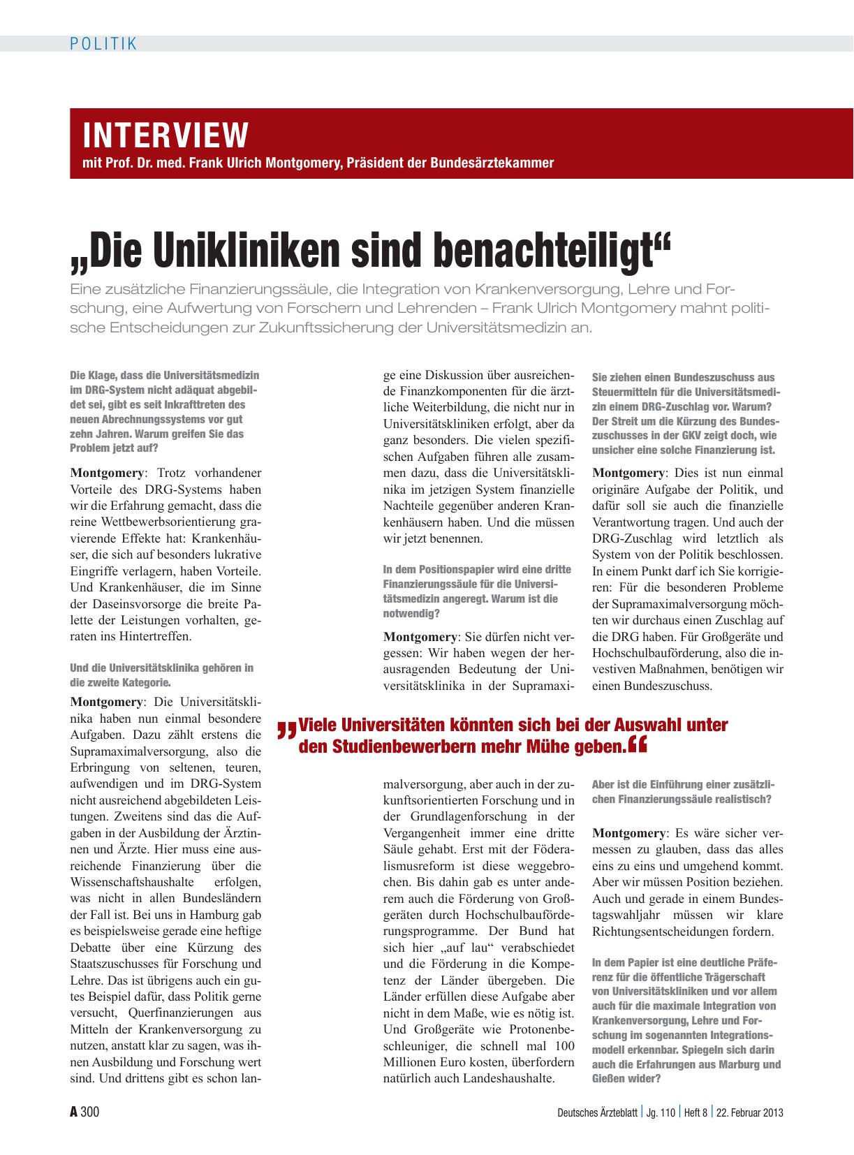 Vorschauseite 1: Interview mit Prof. Dr. med. Frank Ulrich Montgomery, Präsident der Bundesärztekammer: „Die Unikliniken sind benachteiligt“