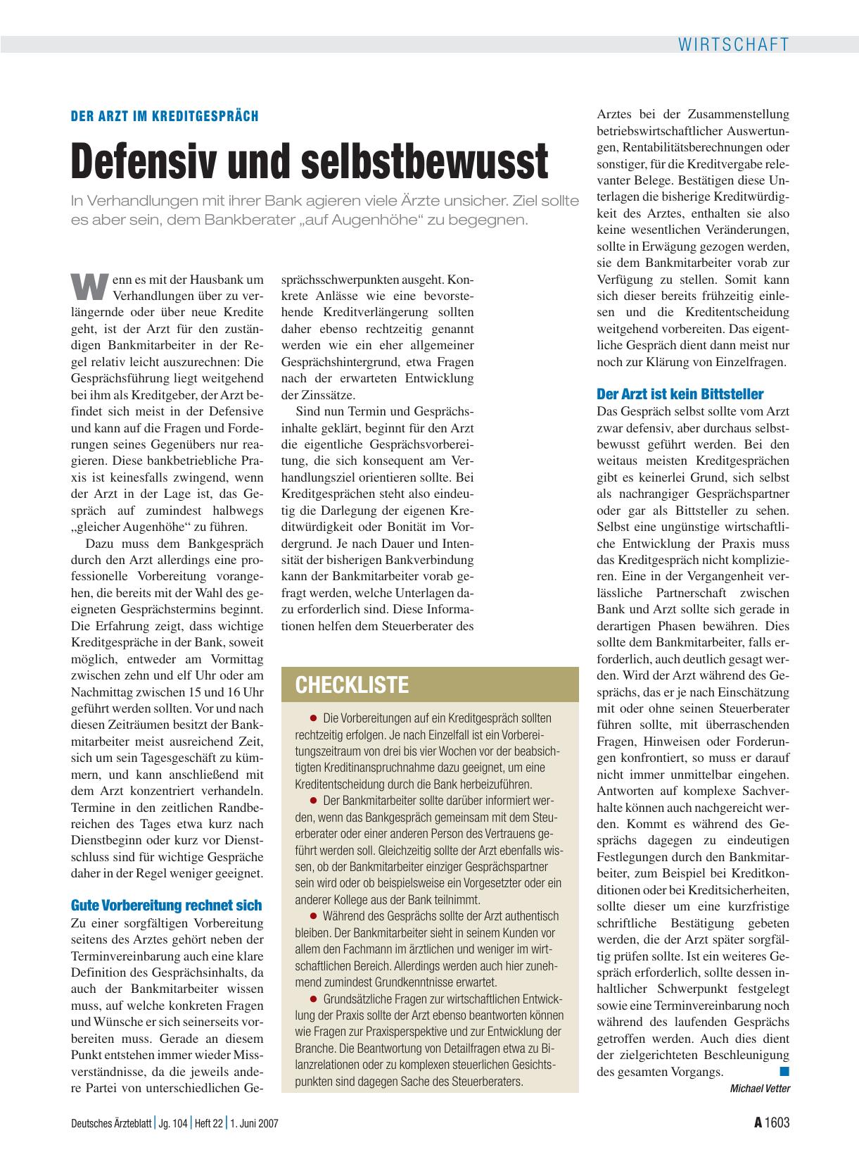 Vorschauseite 1: Der Arzt im Kreditgespräch: Defensiv und selbstbewusst
