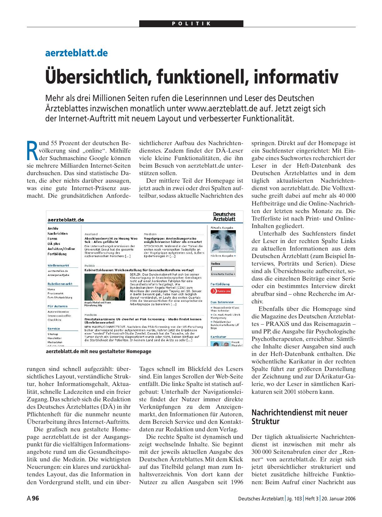 Vorschauseite 1: aerzteblatt. de: Übersichtlich, funktionell, informativ