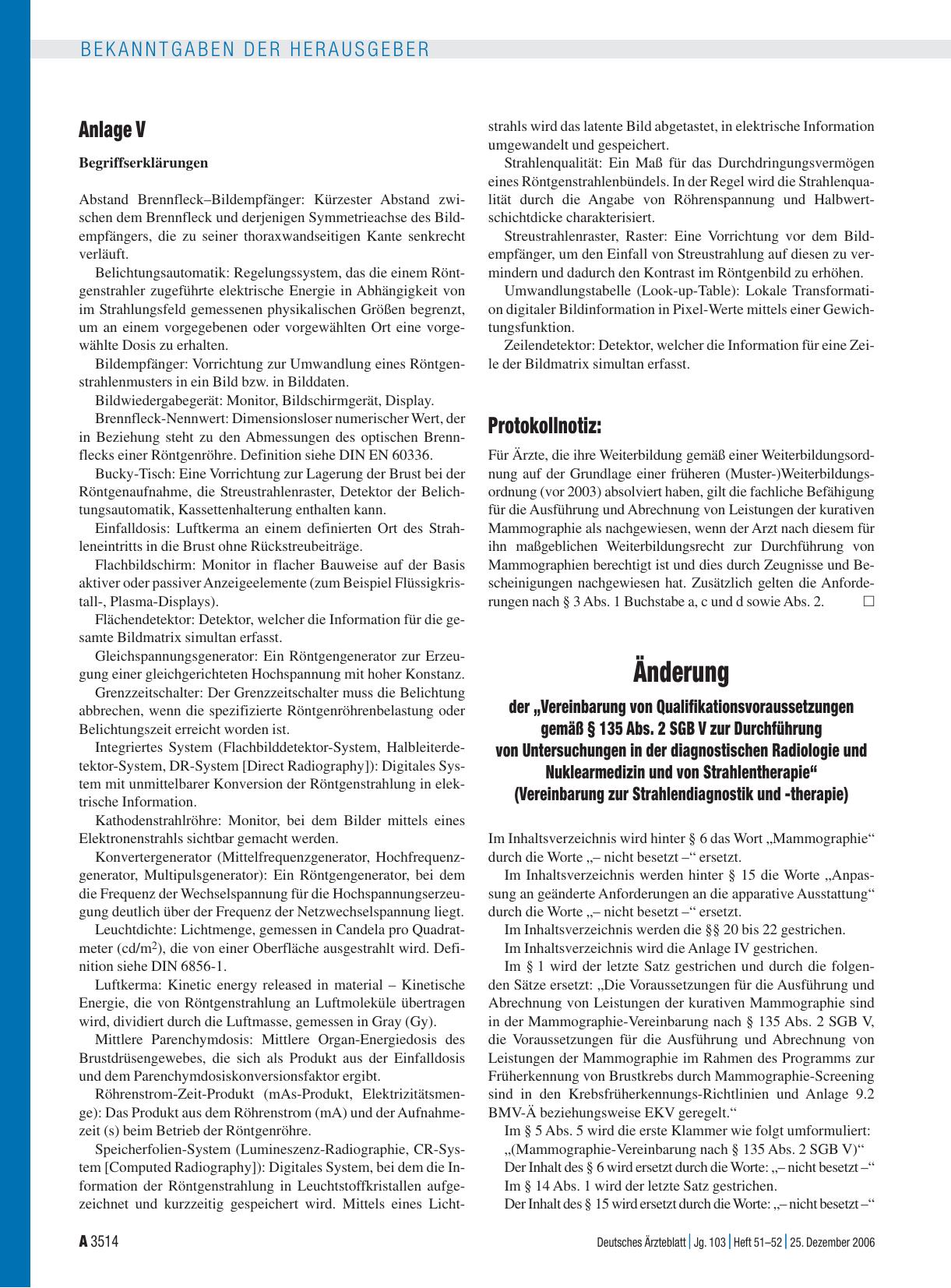 Vorschauseite 1: Bekanntmachungen: Änderung der „Vereinbarung von Qualifikationsvoraussetzungen gemäß § 135 Abs. 2 SGB V zur Durchführung von Untersuchungen in der diagnostischen Radiologie und Nu…