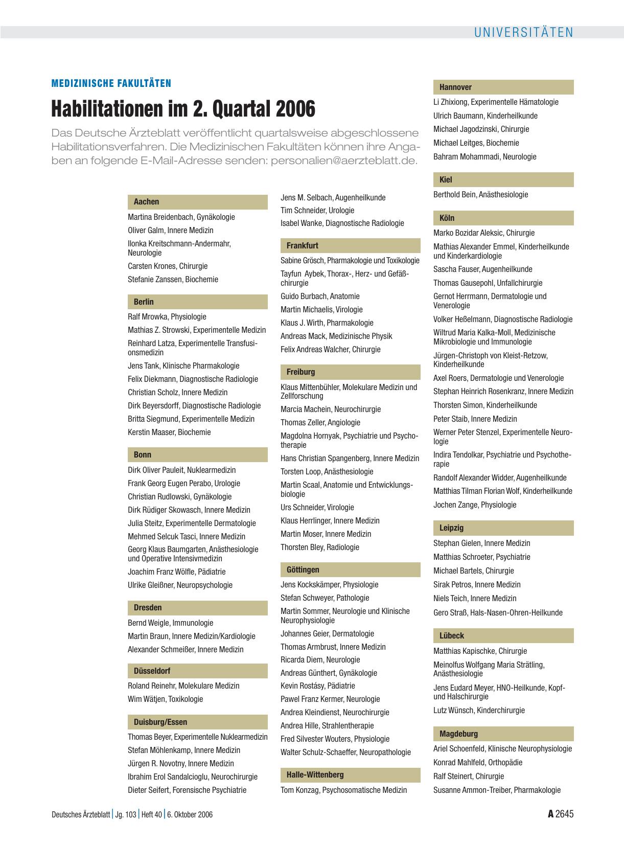 Vorschauseite 1: MEDIZINISCHE FAKULTÄTEN: Habilitationen im 2. Quartal 2006