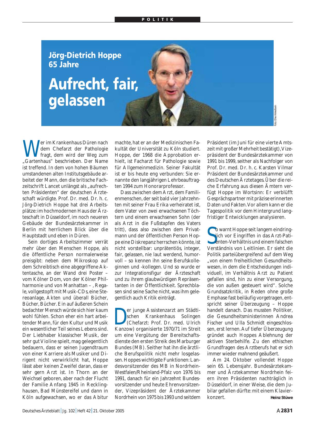 Vorschauseite 1: Jörg-Dietrich Hoppe 65 Jahre: Aufrecht, fair, gelassen