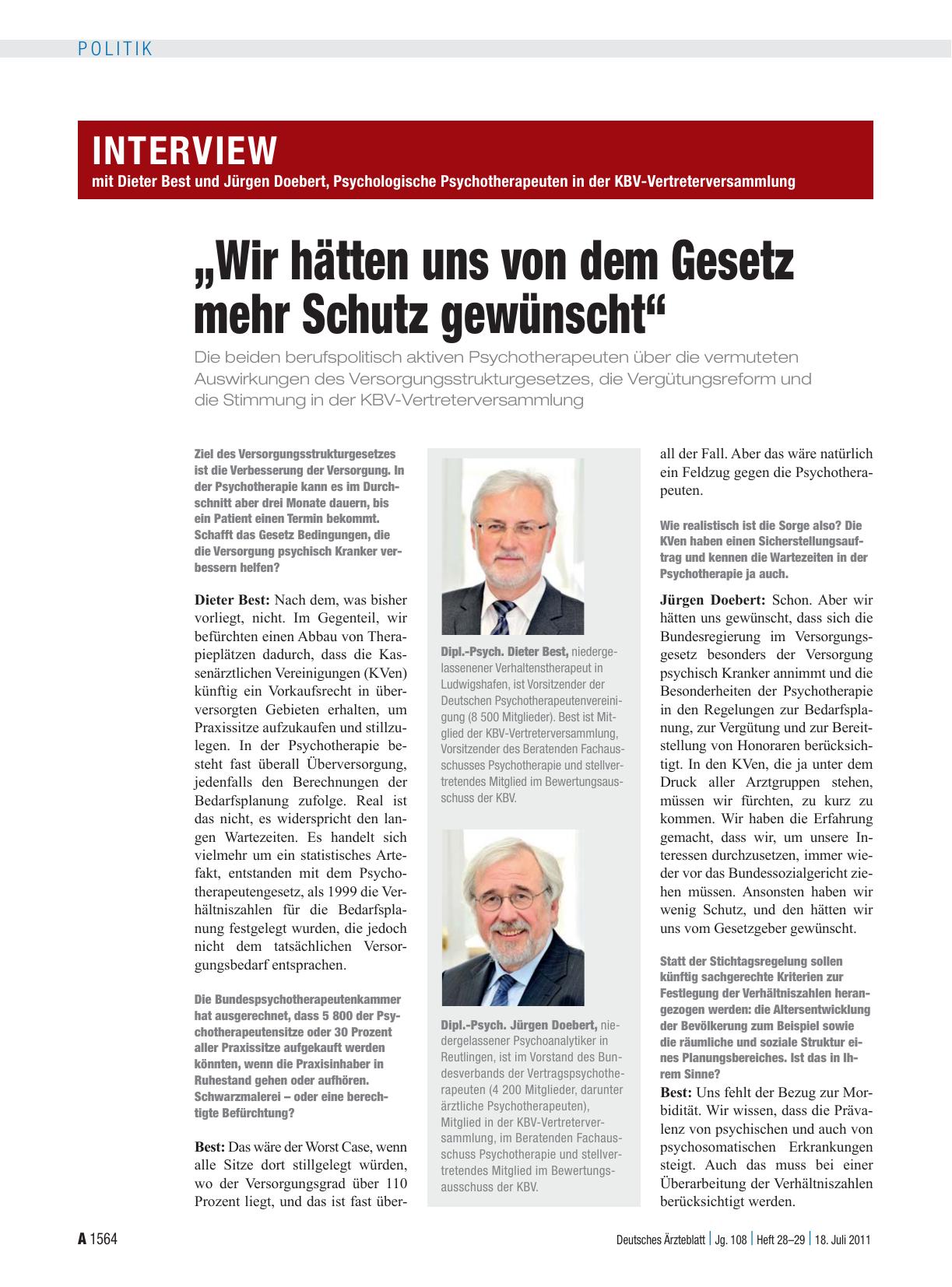 Vorschauseite 1: Interview mit Dieter Best und Jürgen Doebert, Psychologische Psychotherapeuten in der KBV-Vertreterversammlung „Wir hätten uns von dem Gesetz mehr Schutz gewünscht“