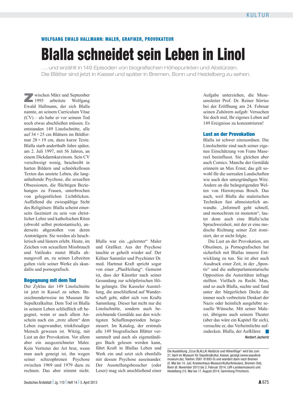 Vorschauseite 1: Wolfgang Ewald Hallmann: Maler, Grafiker, Provokateur: Blalla schneidet sein Leben in Linol