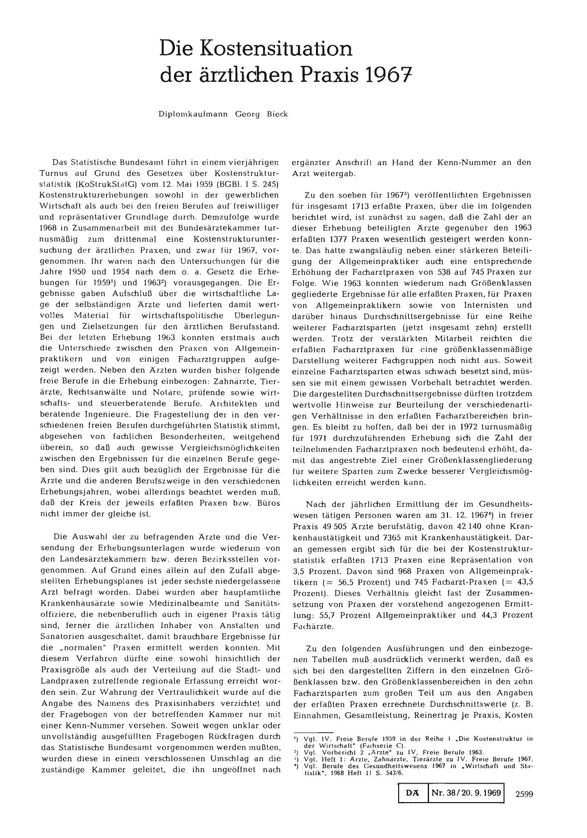 Vorschauseite 1: Die Kostensituation der ärztlichen Praxis 1967