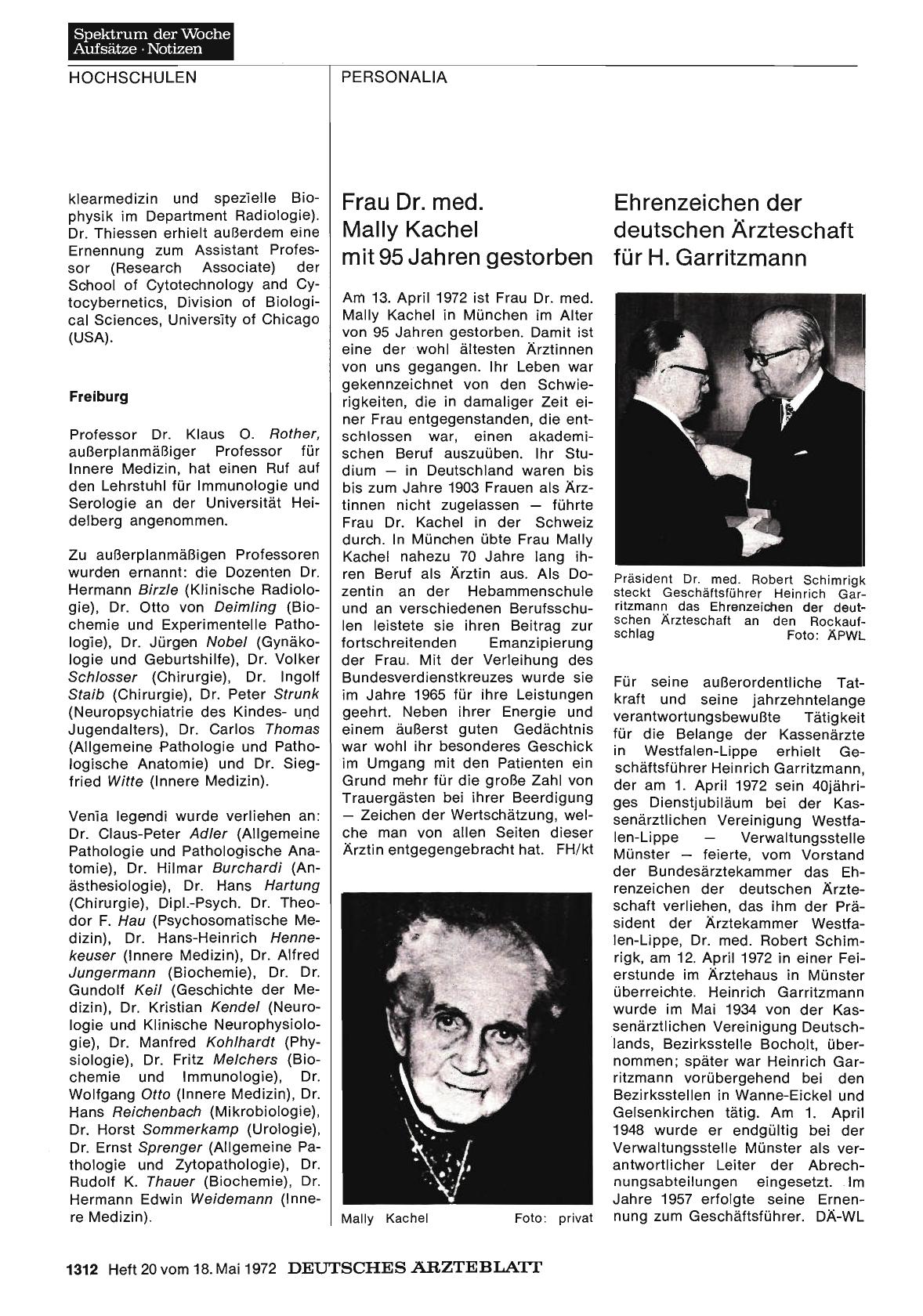 Vorschauseite 1: Ehrenzeichen der deutschen Ärzteschaft für H. Garritzmann
