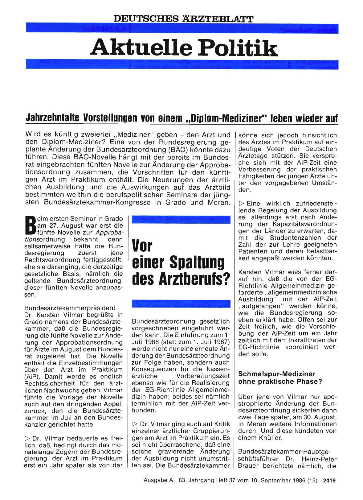 Vorschauseite 1: Jahrzehntalte Vorstellungen von einem „Dinlom-Mediziner“ leben wieder auf: Vor einer Spaltung des Arztberufs?