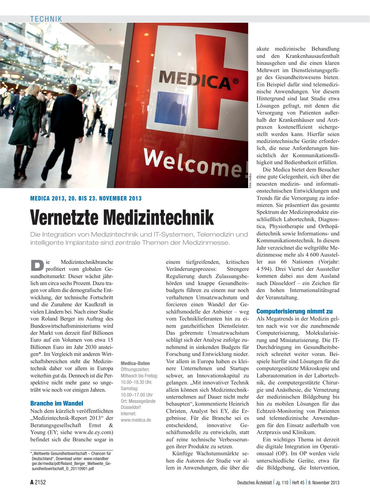 Vorschauseite 1: Medica 2013, 20. bis 23. November 2013: Vernetzte Medizintechnik