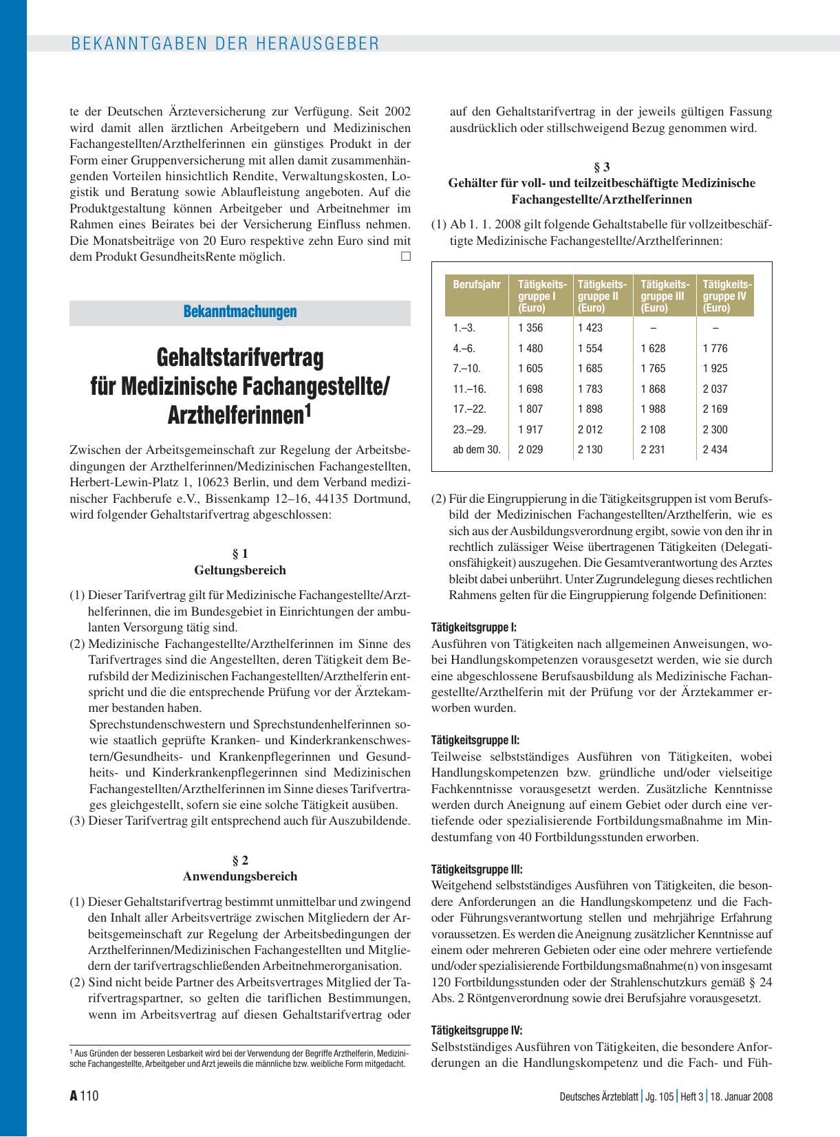 Vorschauseite 1: Bekanntmachungen: Gehaltstarifvertrag für Medizinische Fachangestellte/ Arzthelferinnen