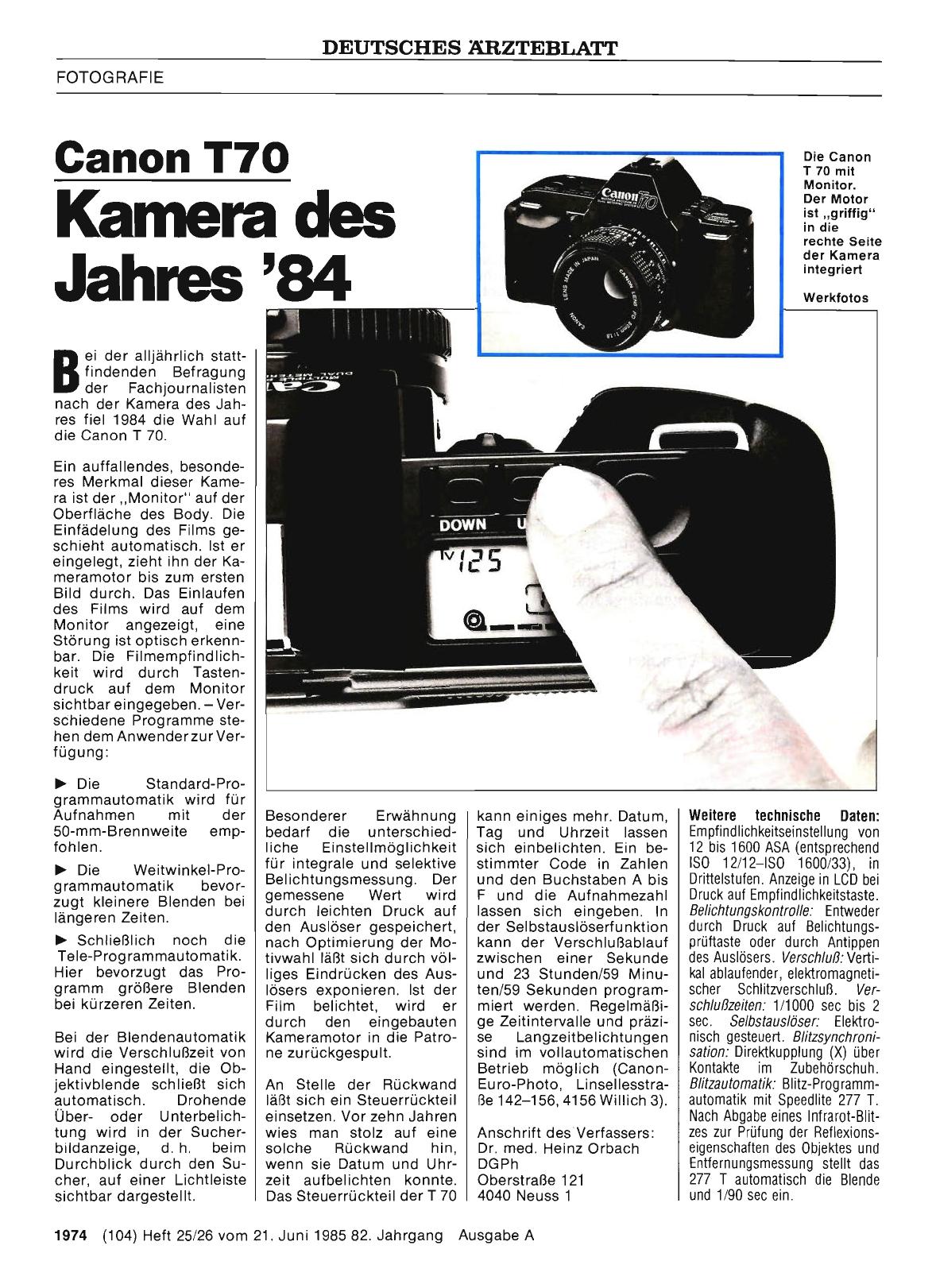 Vorschauseite 1: Canon T70: Kamera des Jahres '84