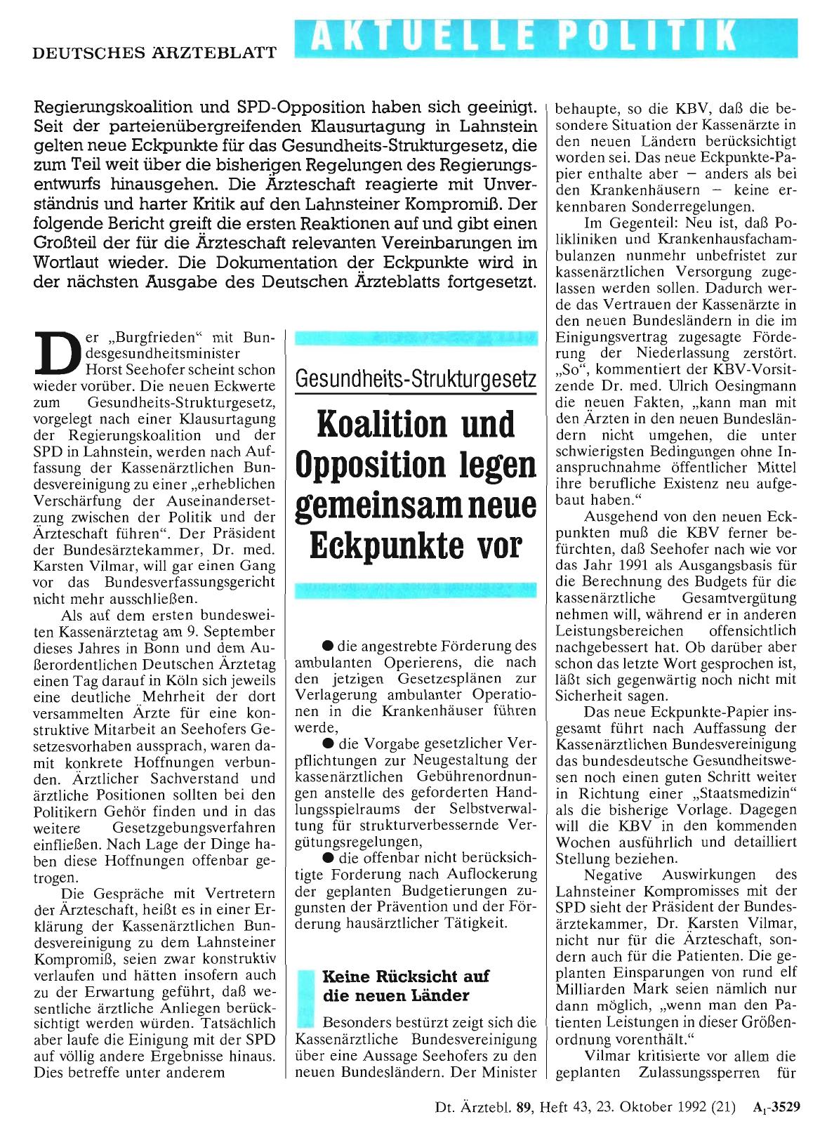 Vorschauseite 1: Gesundheits-Strukturgesetz: Koalition und Opposition legen gemeinsam neue Eckpunkte vor